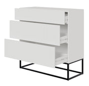 Kommode Veldio mit gefräster Front und drei Schubladen, 90 cm, Weiß mit schwarzen Beinen