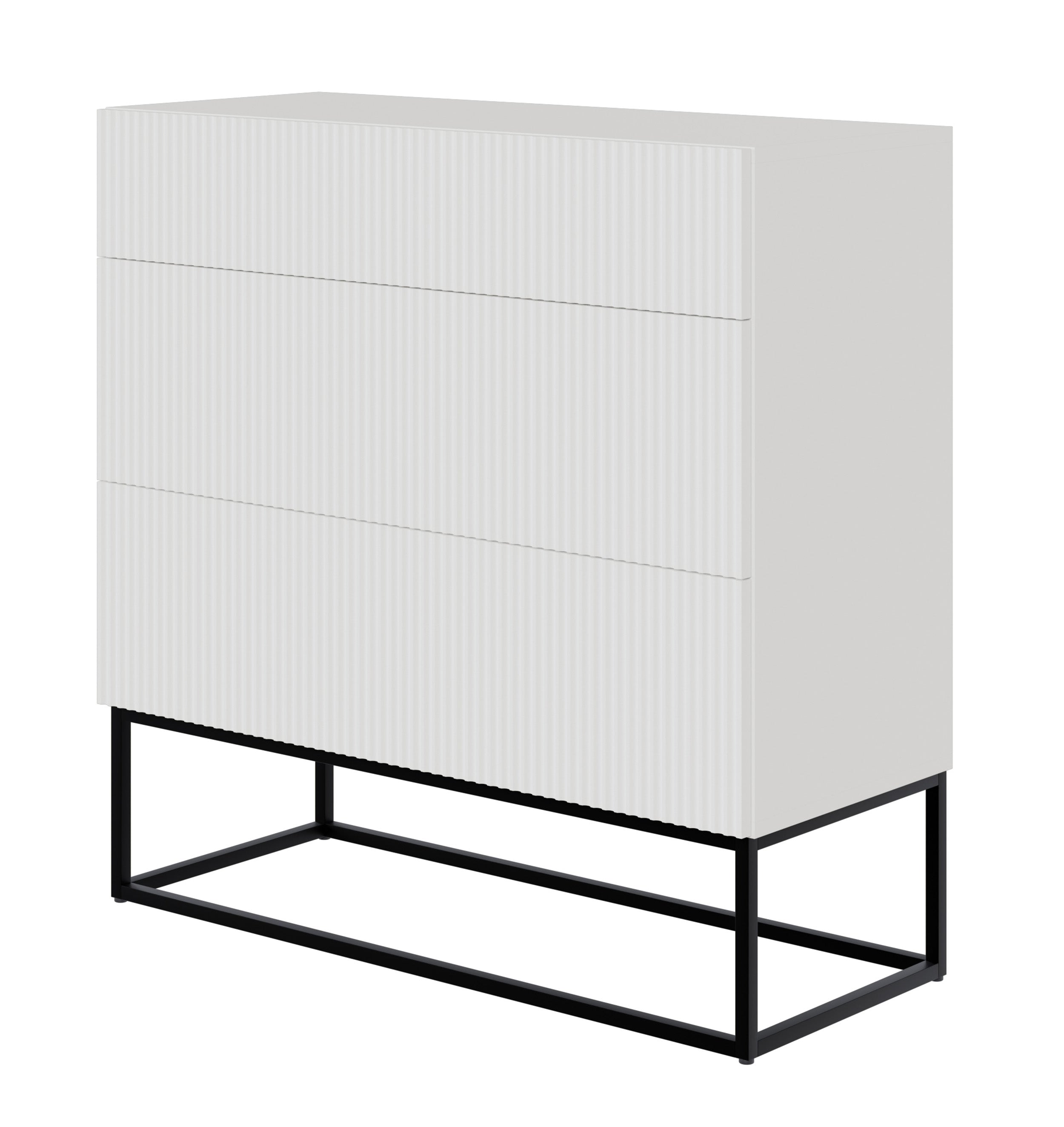 Kommode Veldio mit gefräster Front und drei Schubladen, 90 cm, Weiß mit schwarzen Beinen