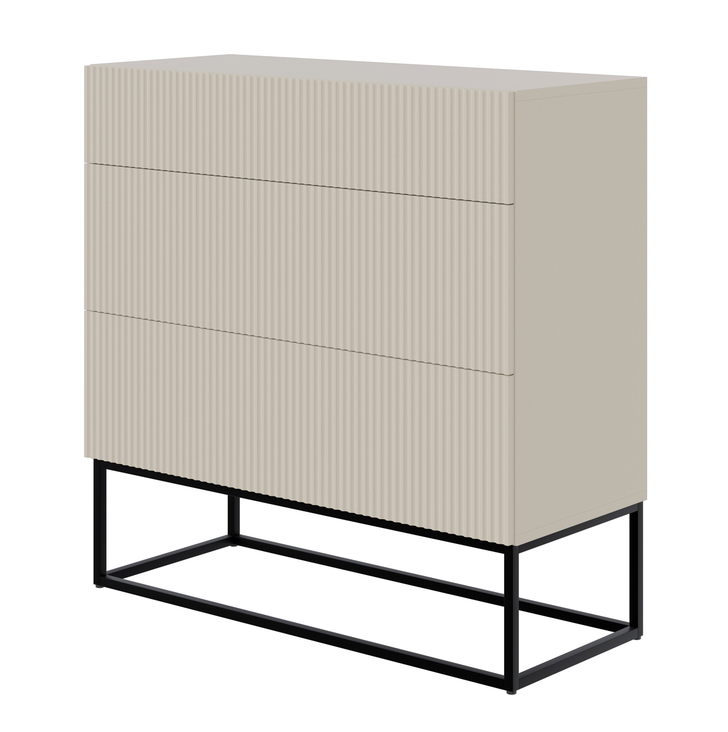 Kommode Veldio mit gefräster Front und drei Schubladen, 90 cm, grau-beige mit schwarzen Beinen