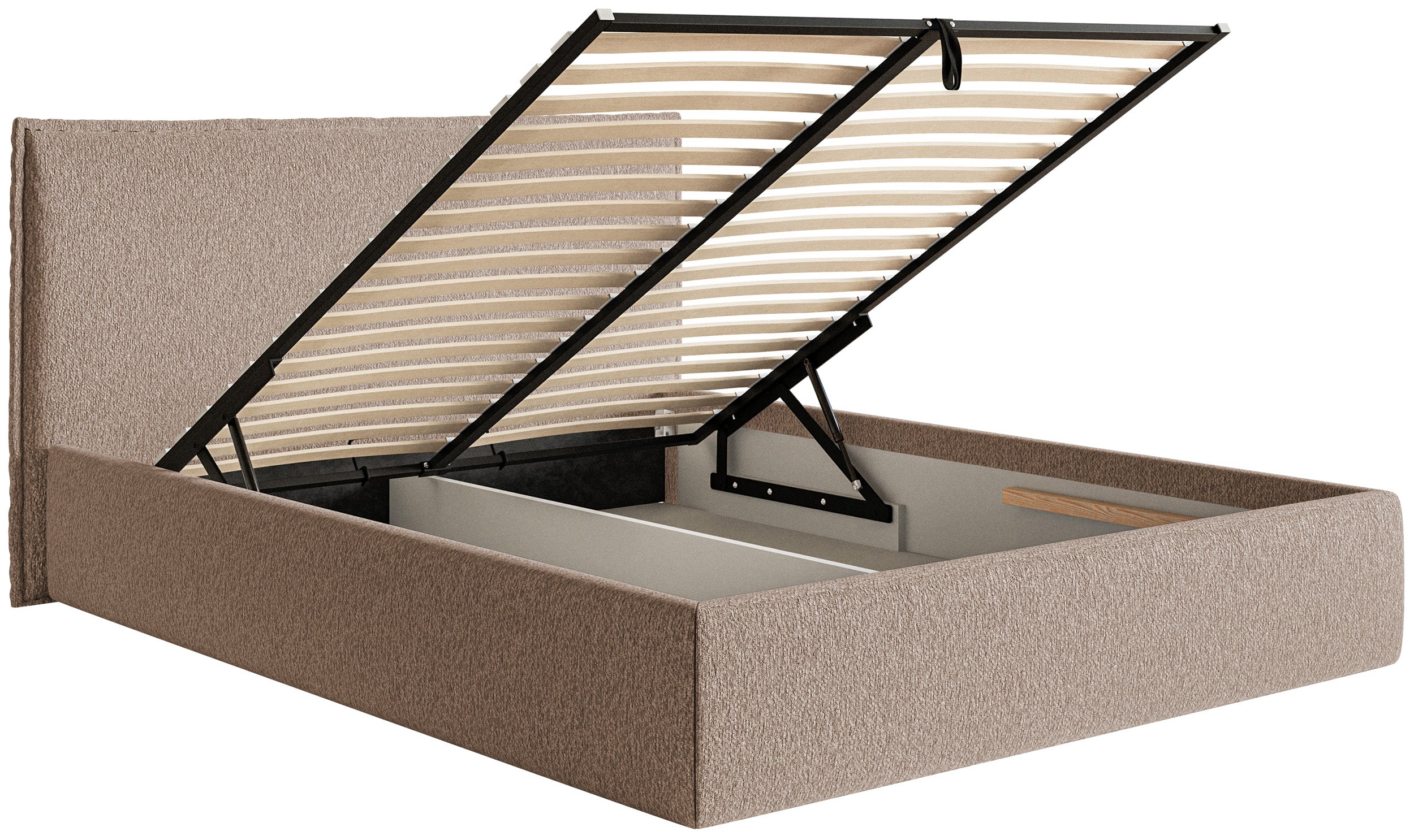 Polsterm Bett 200x200 cm Softie Slim mit Stauraum, dunkelbeiger Chenille, Metallrahmen