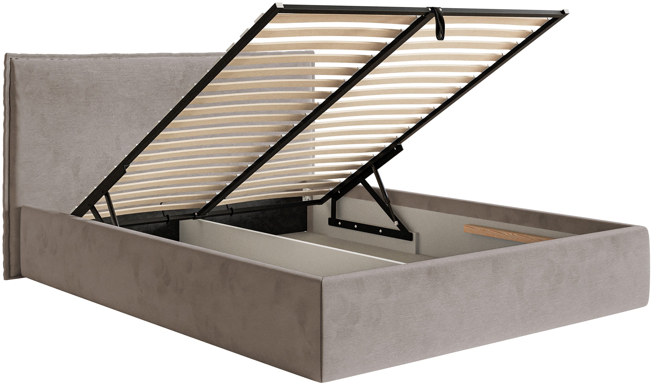 Polsterbett 180x200 cm Softie Slim mit Stauraum, graubrauner wasserabweisender Samt, Metallrahmen