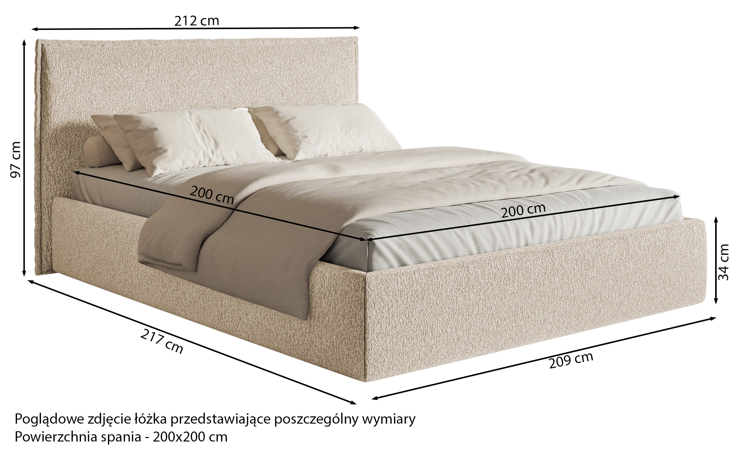 Gepolstertes Bett 200x200 cm Softie Slim hellgrauer Chenille