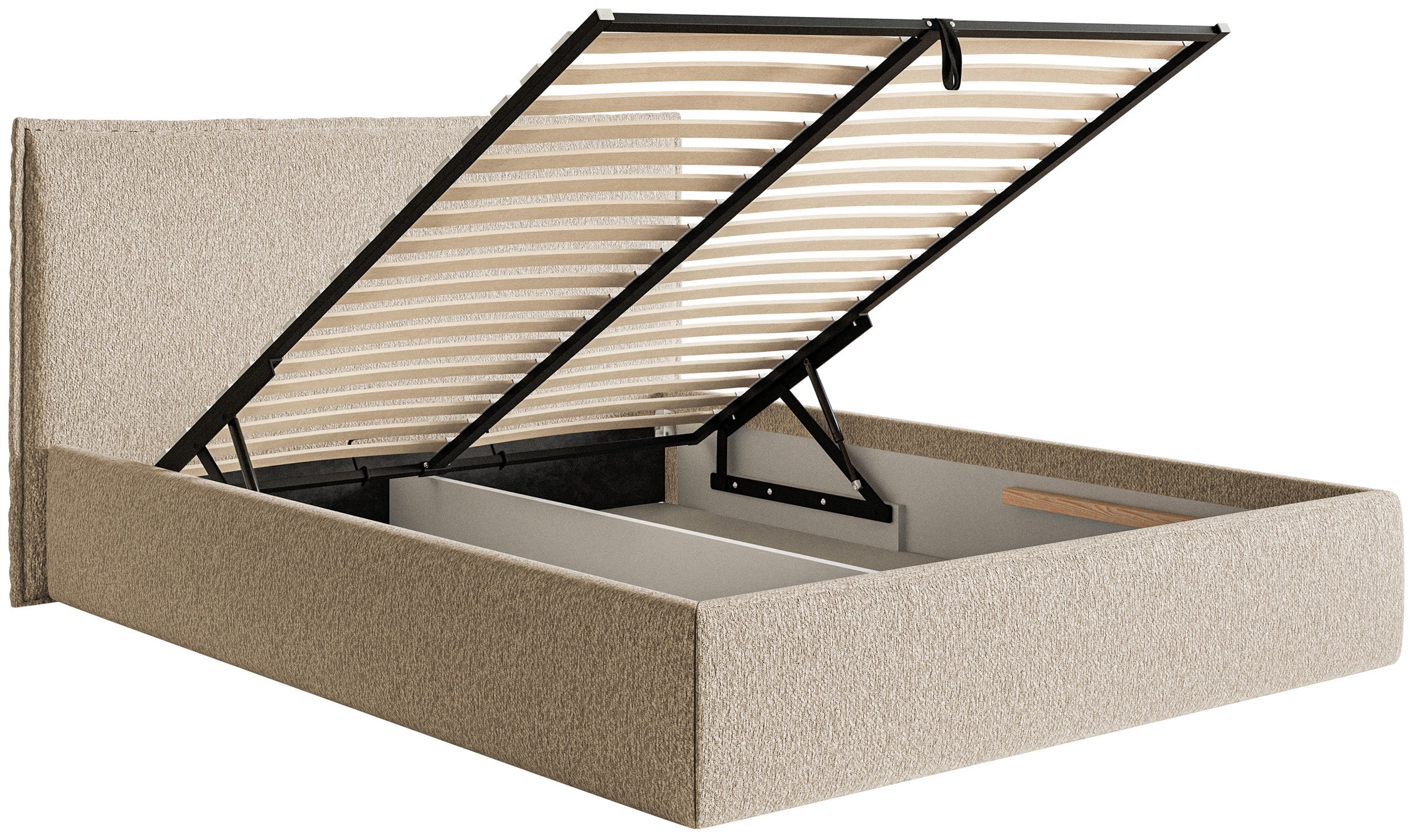 Polsterbett 140x200 cm Softie Slim mit Stauraum, hellbeiger Chenille, Metallrahmen