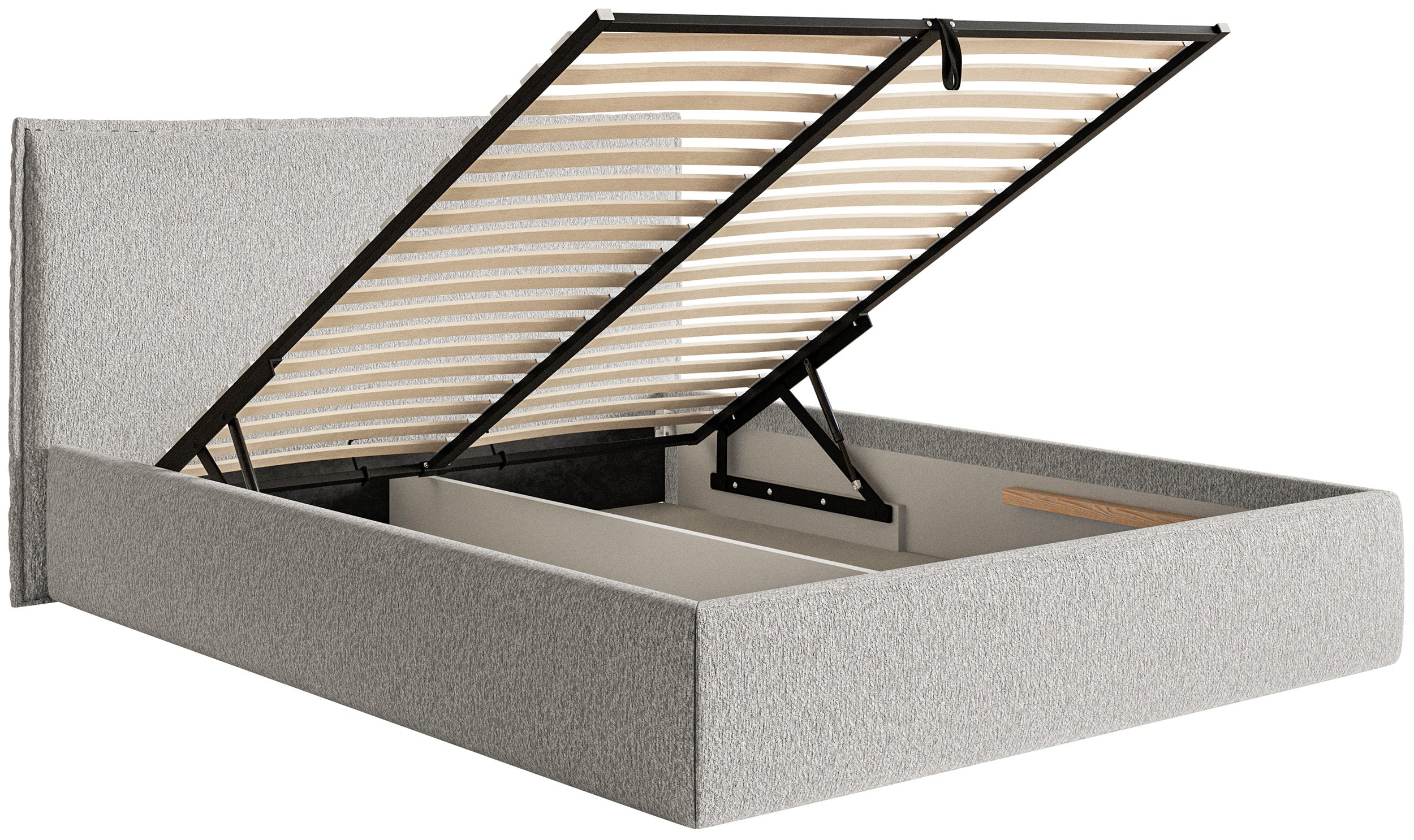Polsterbett 200x200 cm Softie Slim mit Stauraum, hellgrauer Chenille-Stoff, Metallrahmen