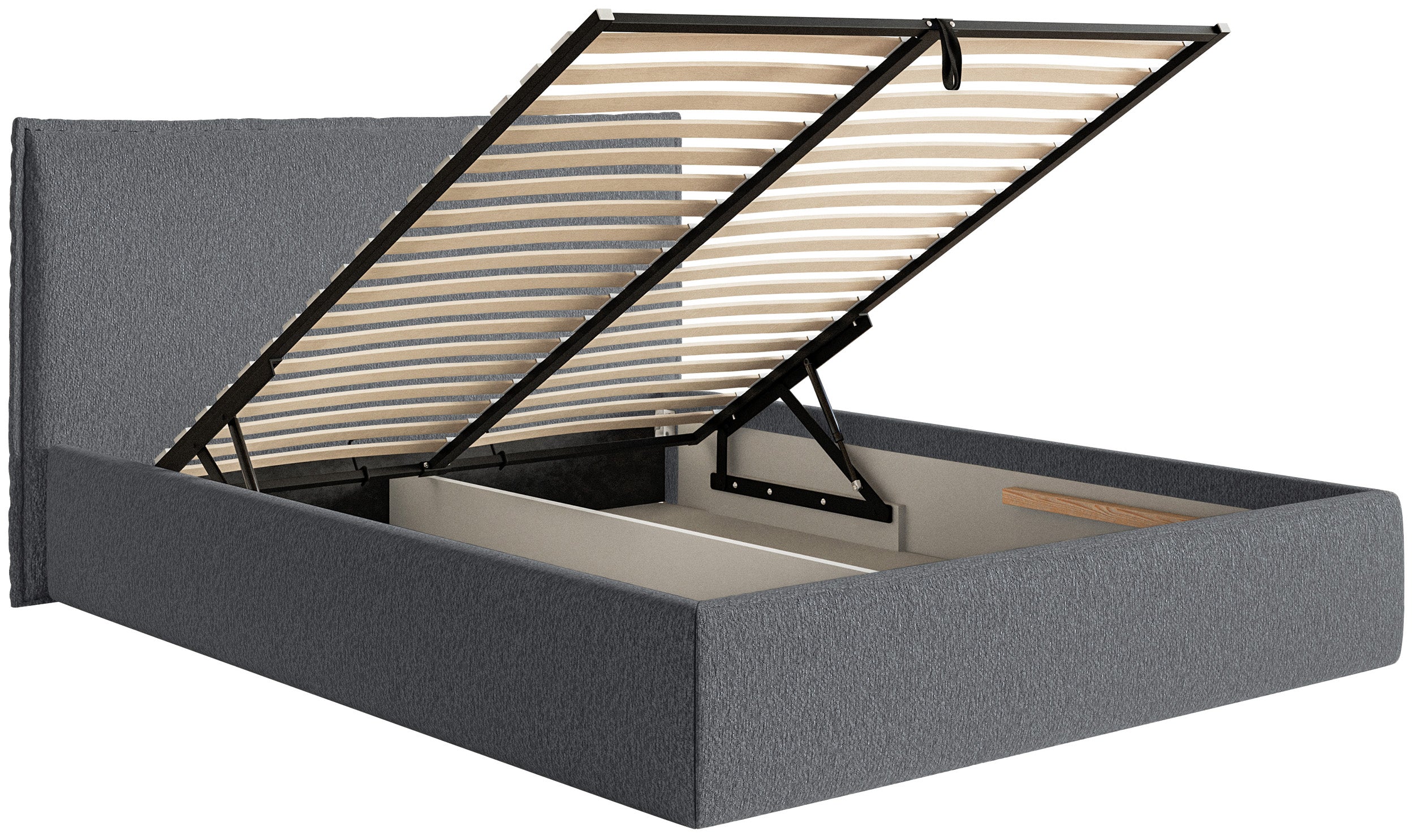 Polsterbett 200x200 cm Softie Slim mit Stauraum, graphitfarbener Chenillebezug, Metallrahmen