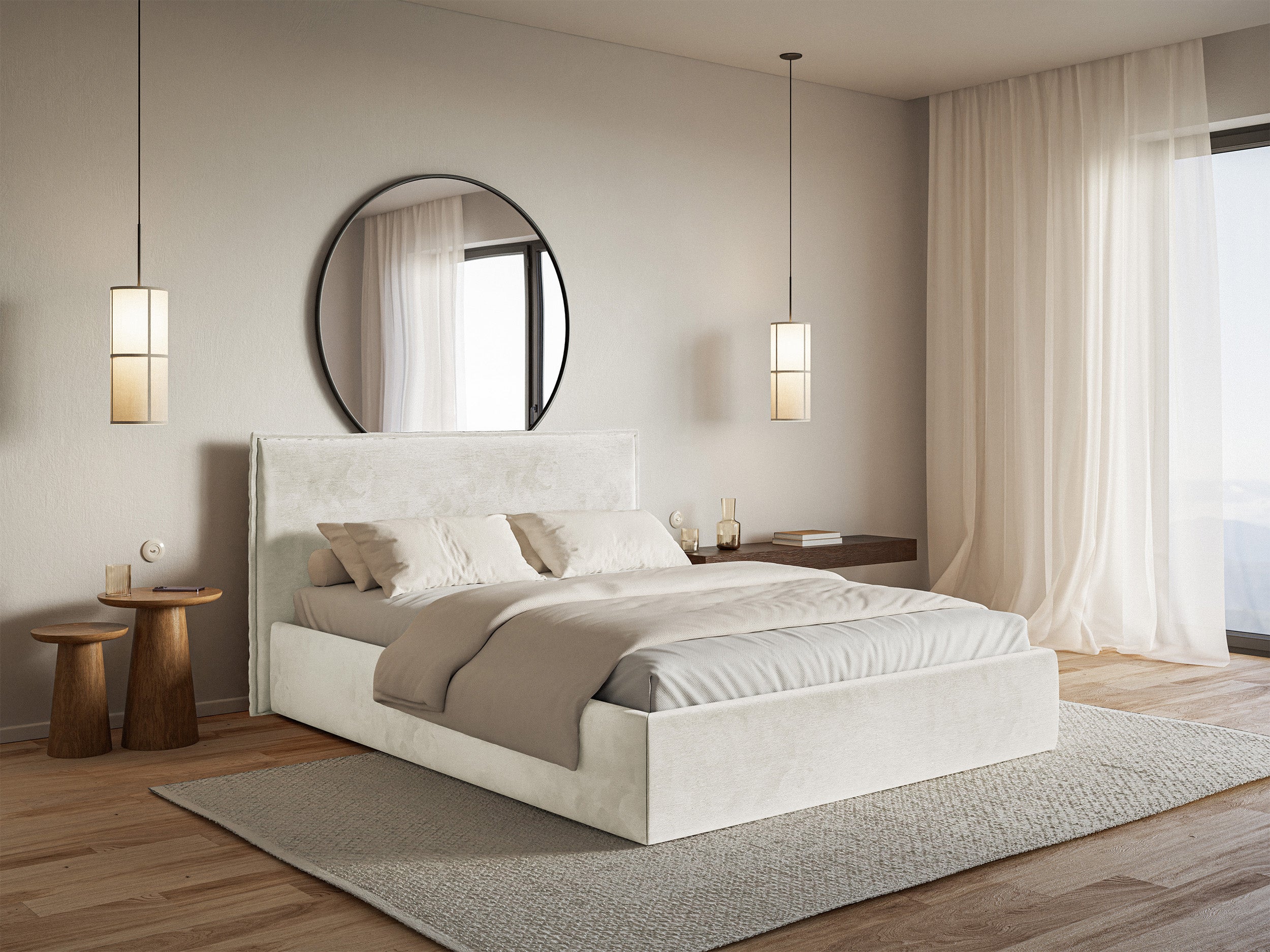 Polsterbett 140x200 cm Softie Slim mit Stauraum, grau-beiger hydrophober Samt, Metallrahmen