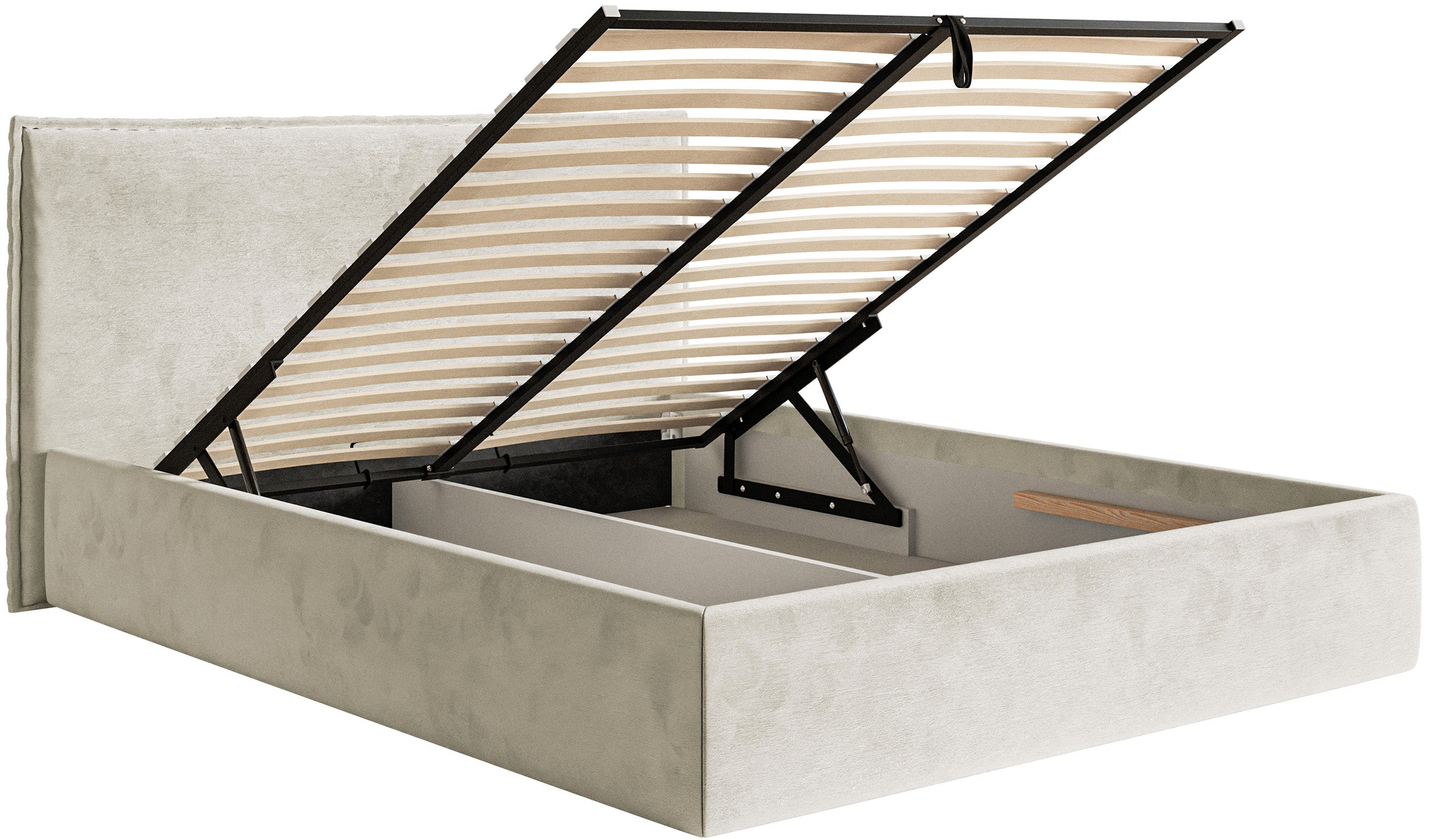 Polsterbett 140x200 cm Softie Slim mit Stauraum, grau-beiger hydrophober Samt, Metallrahmen