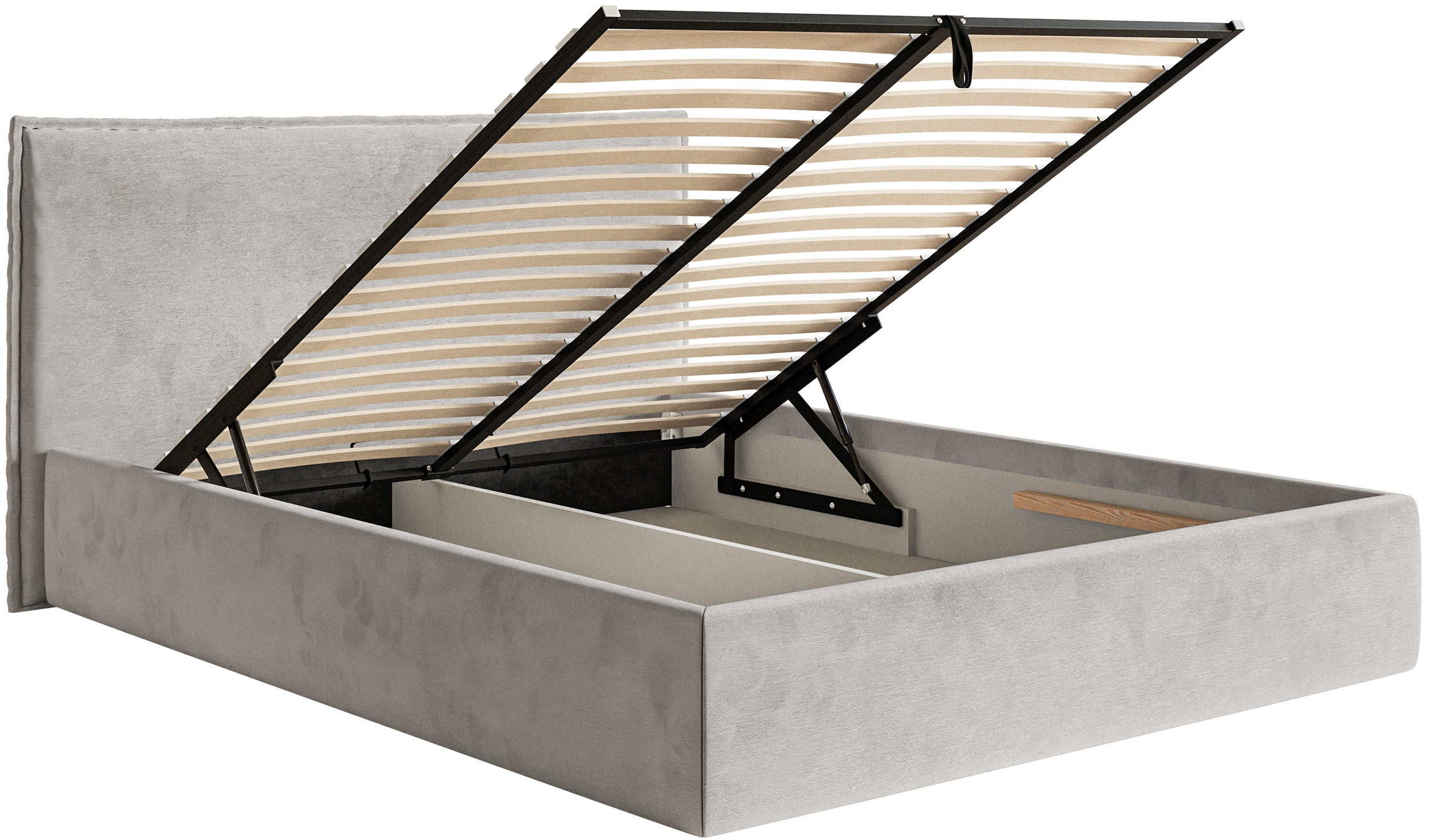 Polsterbett 200x200 cm Softie Slim mit Stauraum, hellgrauer wasserabweisender Samt, Metallrahmen