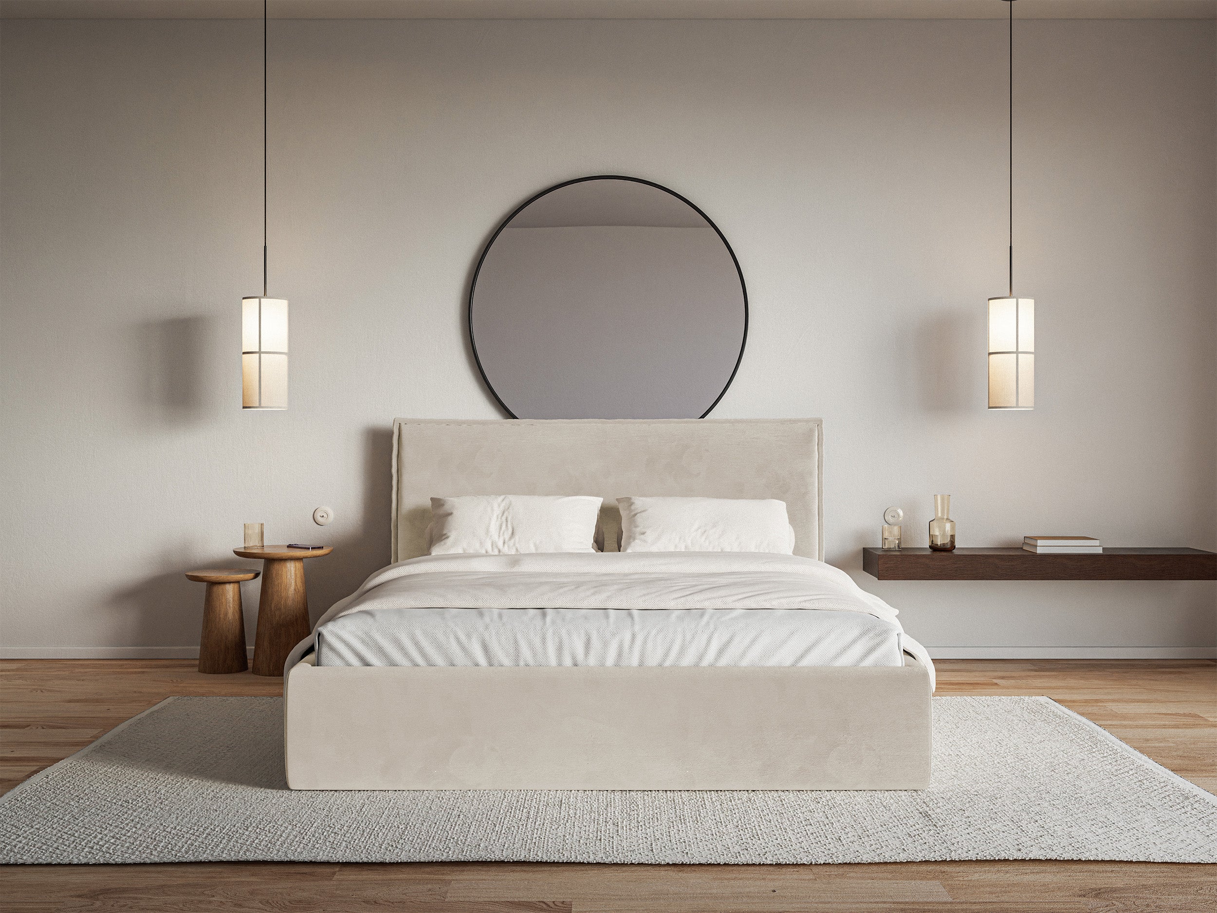 Polsterbett 180x200 cm Softie Slim mit Stauraum, beige, wasserabweisender Samt, Metallrahmen