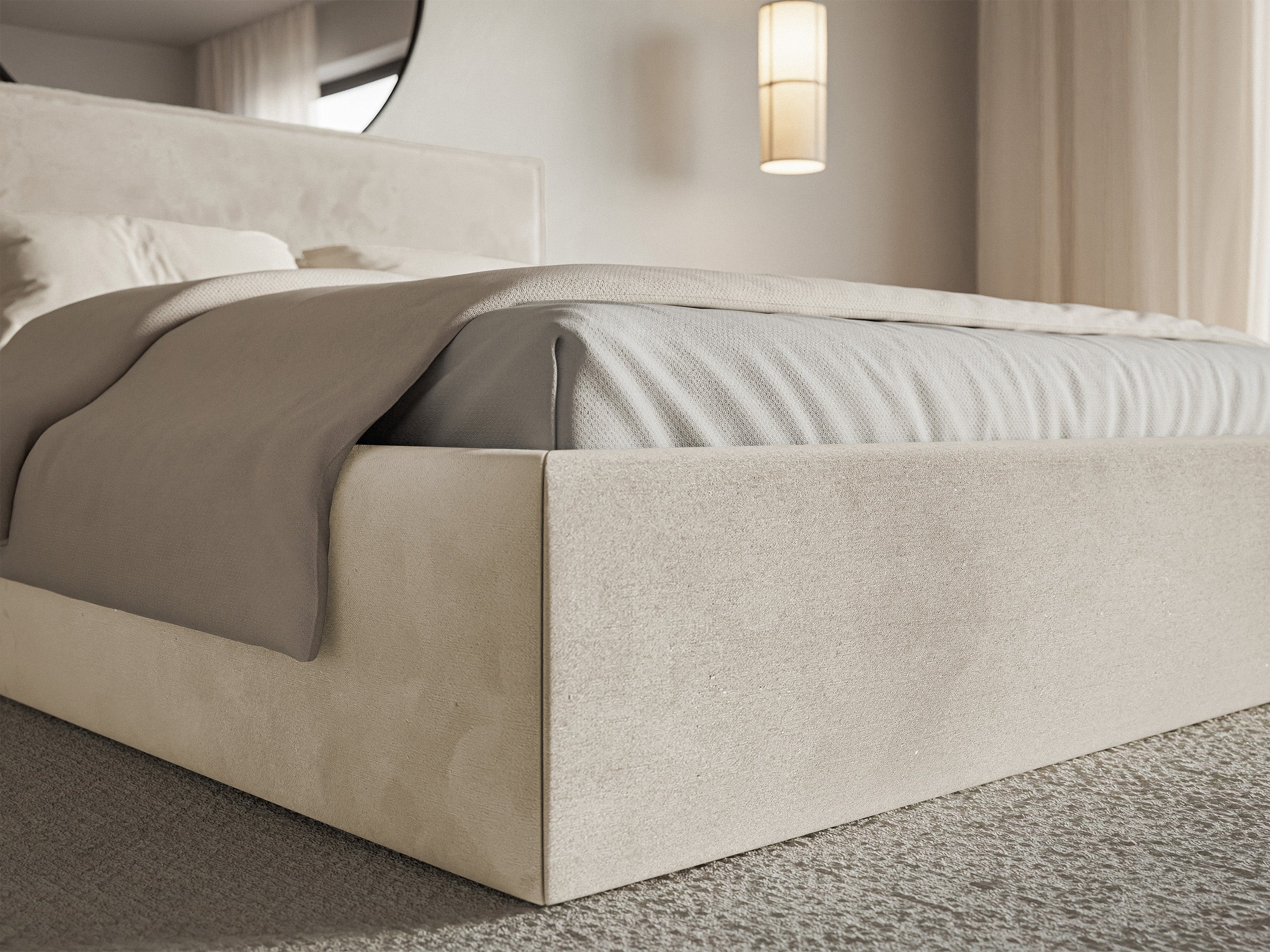 Polsterbett 180x200 cm Softie Slim mit Stauraum, beige, wasserabweisender Samt, Metallrahmen