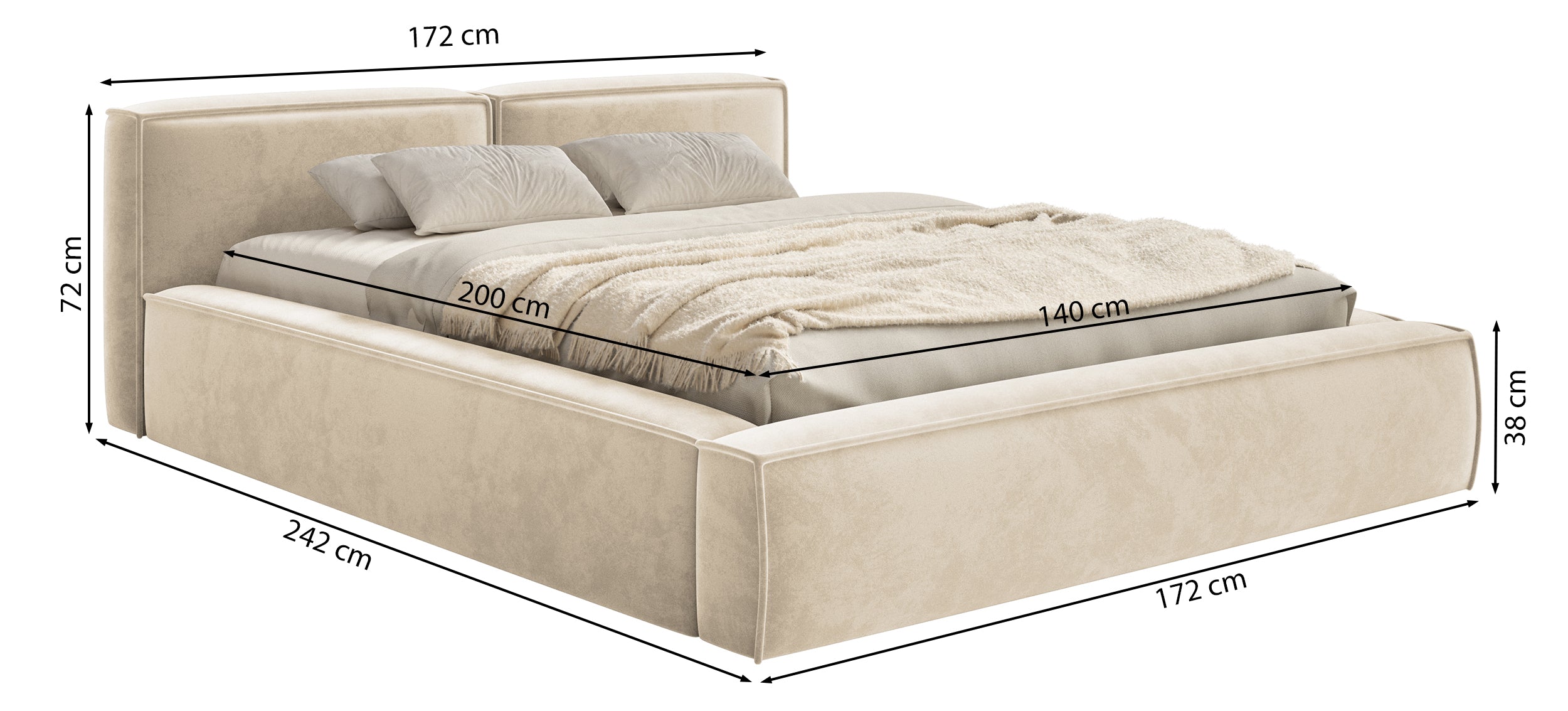 Polsterbett 140x200 cm Tilves Slim Low mit Stauraum, Metallrahmen, hellbrauner Samt