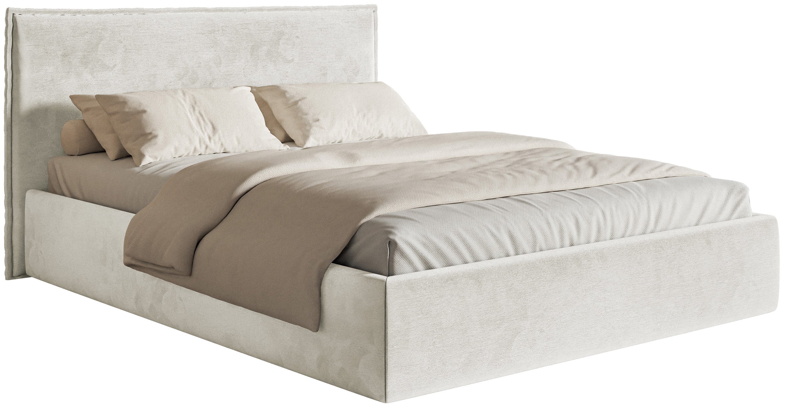 Polsterbett 140x200 cm Softie Slim mit Stauraum, grau-beiger hydrophober Samt, Metallrahmen