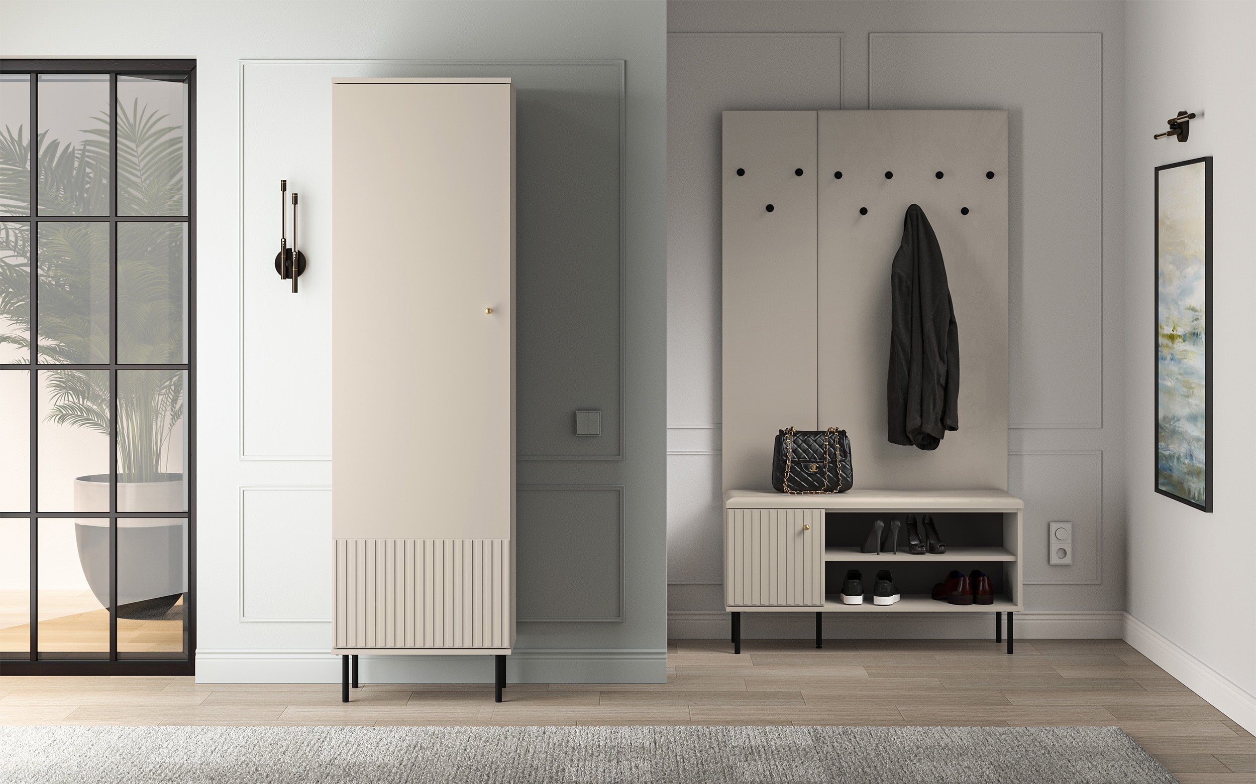 Flurschrank Caletto 55 cm, einflügelig, mit dekorativen Lamellen, beige