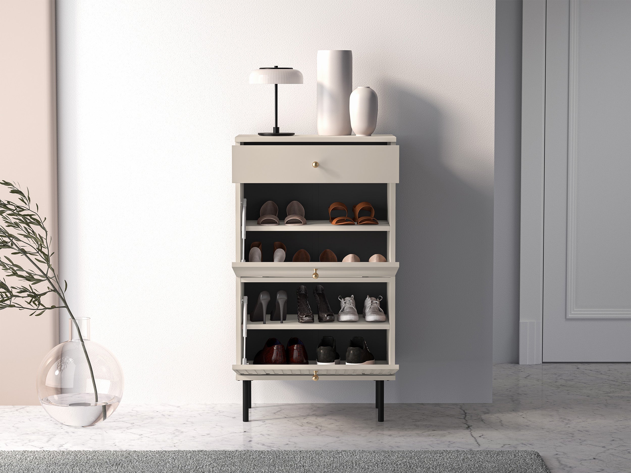 Schuhschrank Caletto 55 cm mit Schublade, dekorative Lamellen, beige
