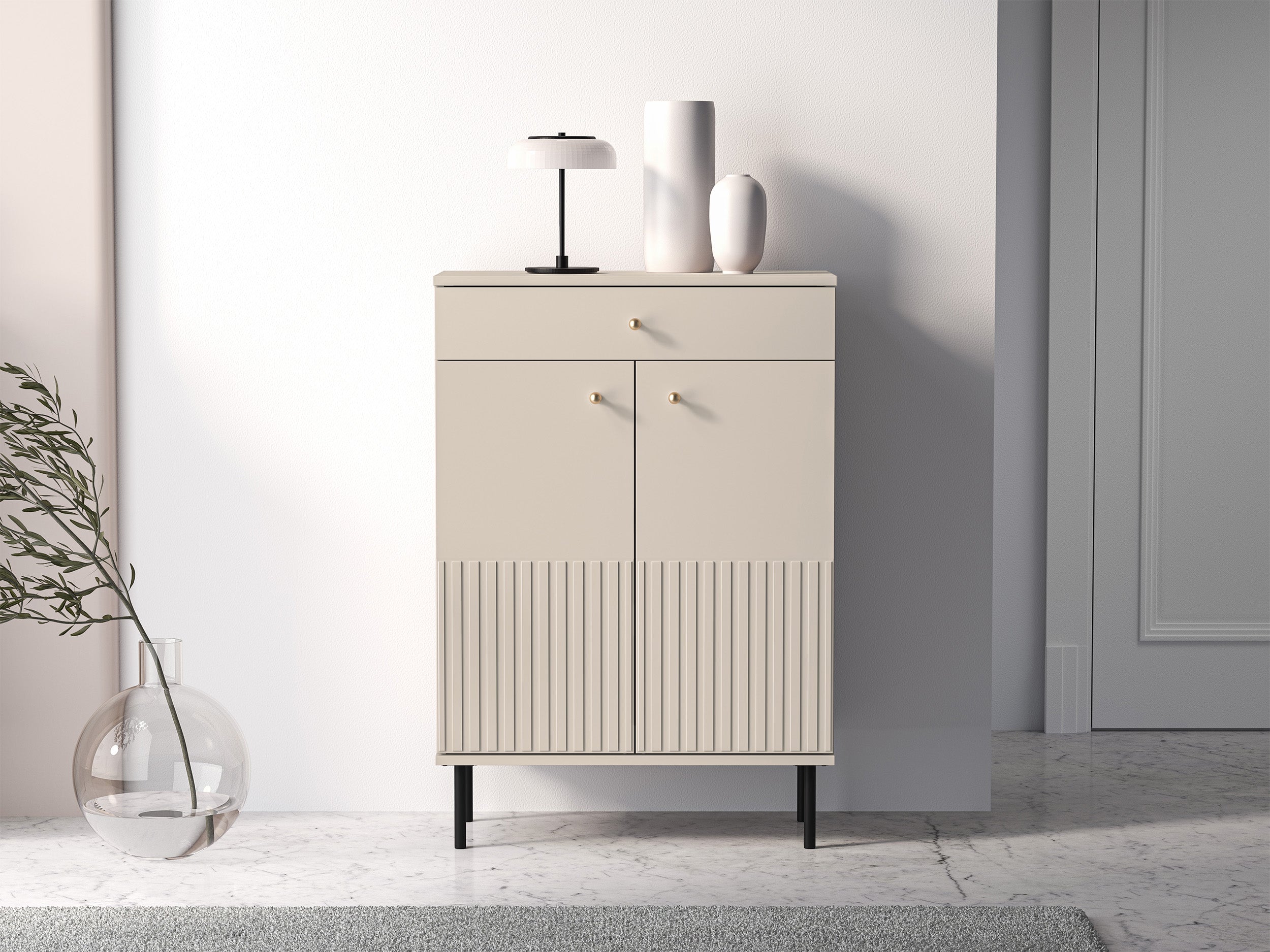 Schuhschrank Caletto 68 cm mit Schublade, dekorative Lamellen, beige