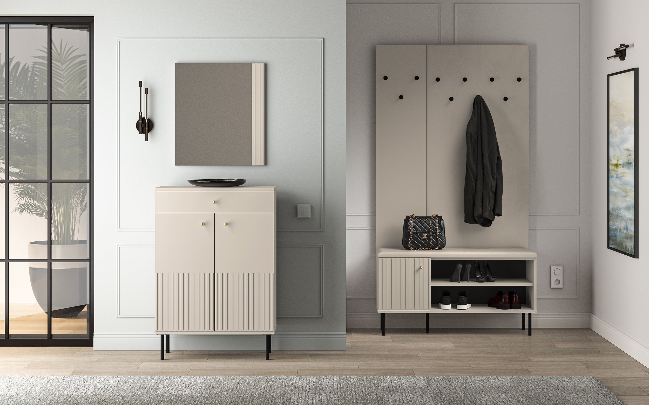 Schuhschrank Caletto 68 cm mit Schublade, dekorative Lamellen, beige