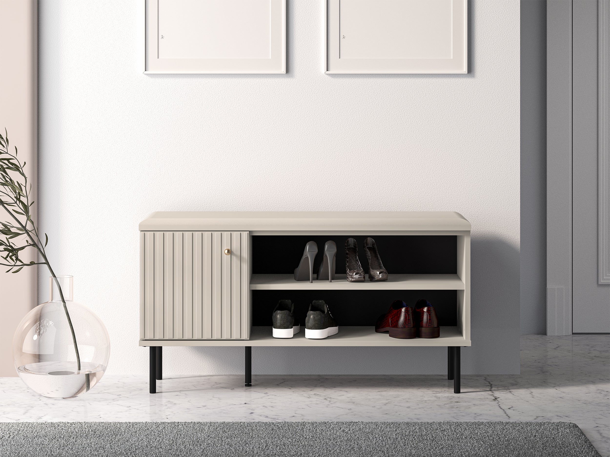 Schuhschrank Caletto 102 cm mit Sitzbank, dekorative Lamellen, beige