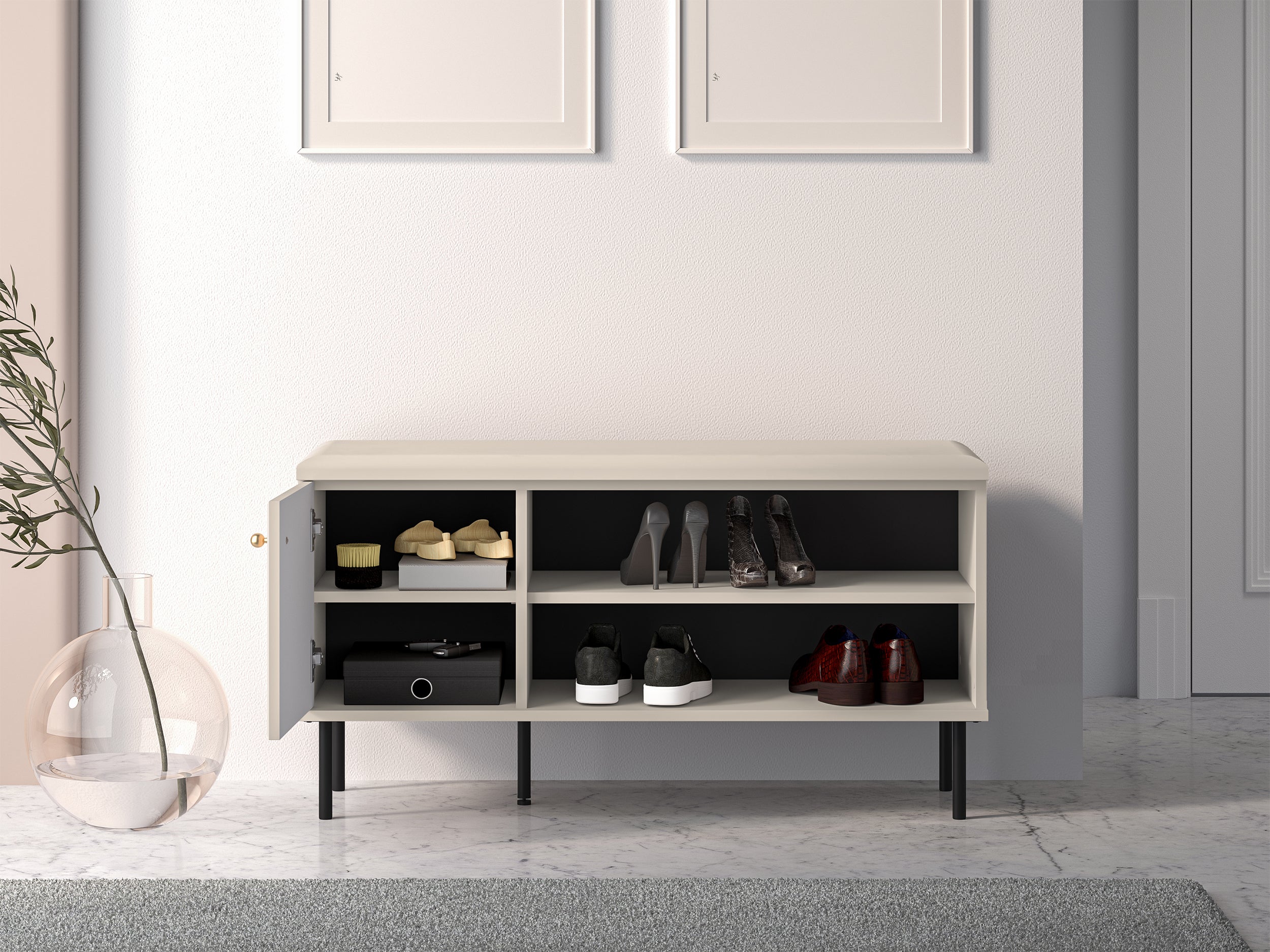 Schuhschrank Caletto 102 cm mit Sitzbank, dekorative Lamellen, beige