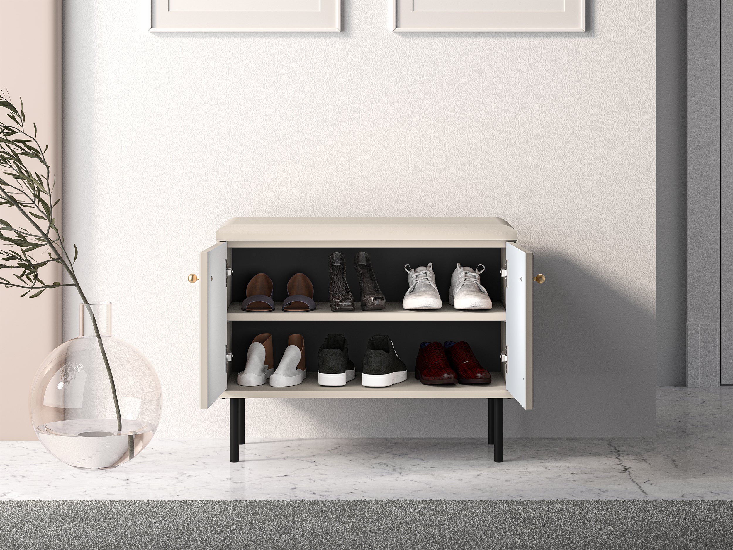 Schuhschrank Caletto 68 cm mit Sitzfläche, dekorative Lamellen, beige