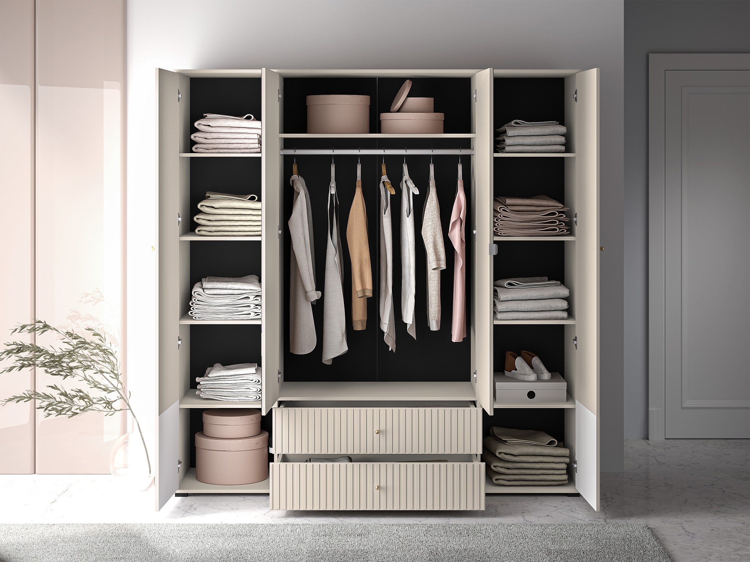 Vier­türiger Schrank Caletto 200 cm mit zwei Schubladen und Spiegel, dekorative Lamellen, beige