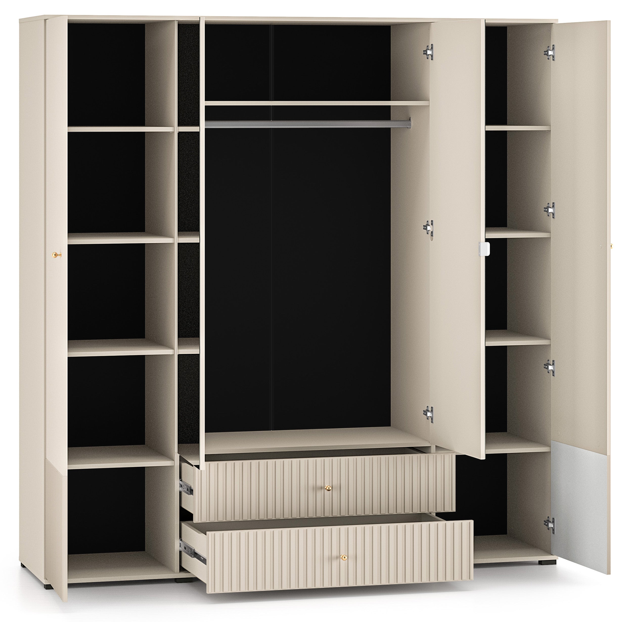 Vier­türiger Schrank Caletto 200 cm mit zwei Schubladen und Spiegel, dekorative Lamellen, beige