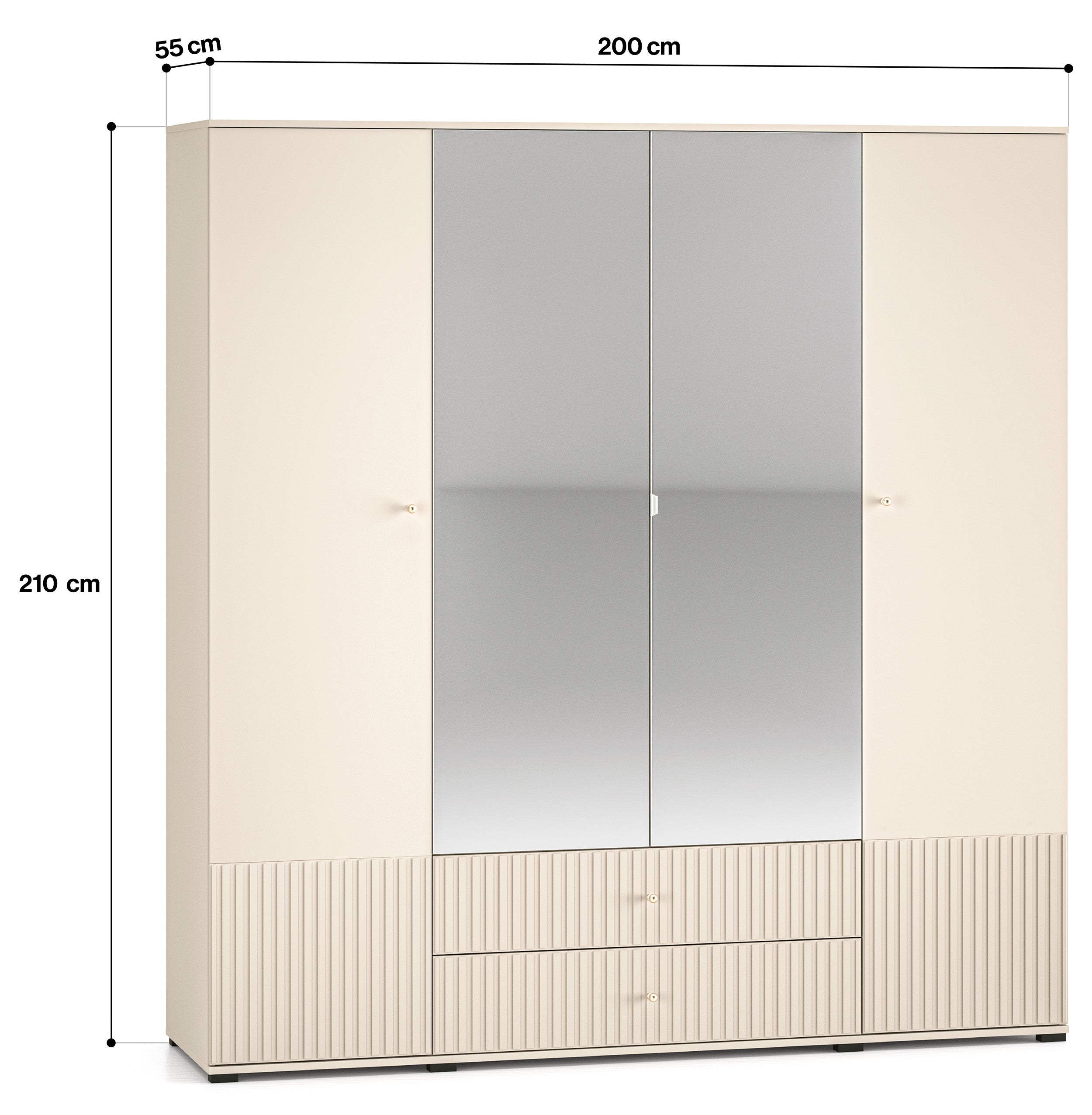 Vier­türiger Schrank Caletto 200 cm mit zwei Schubladen und Spiegel, dekorative Lamellen, beige