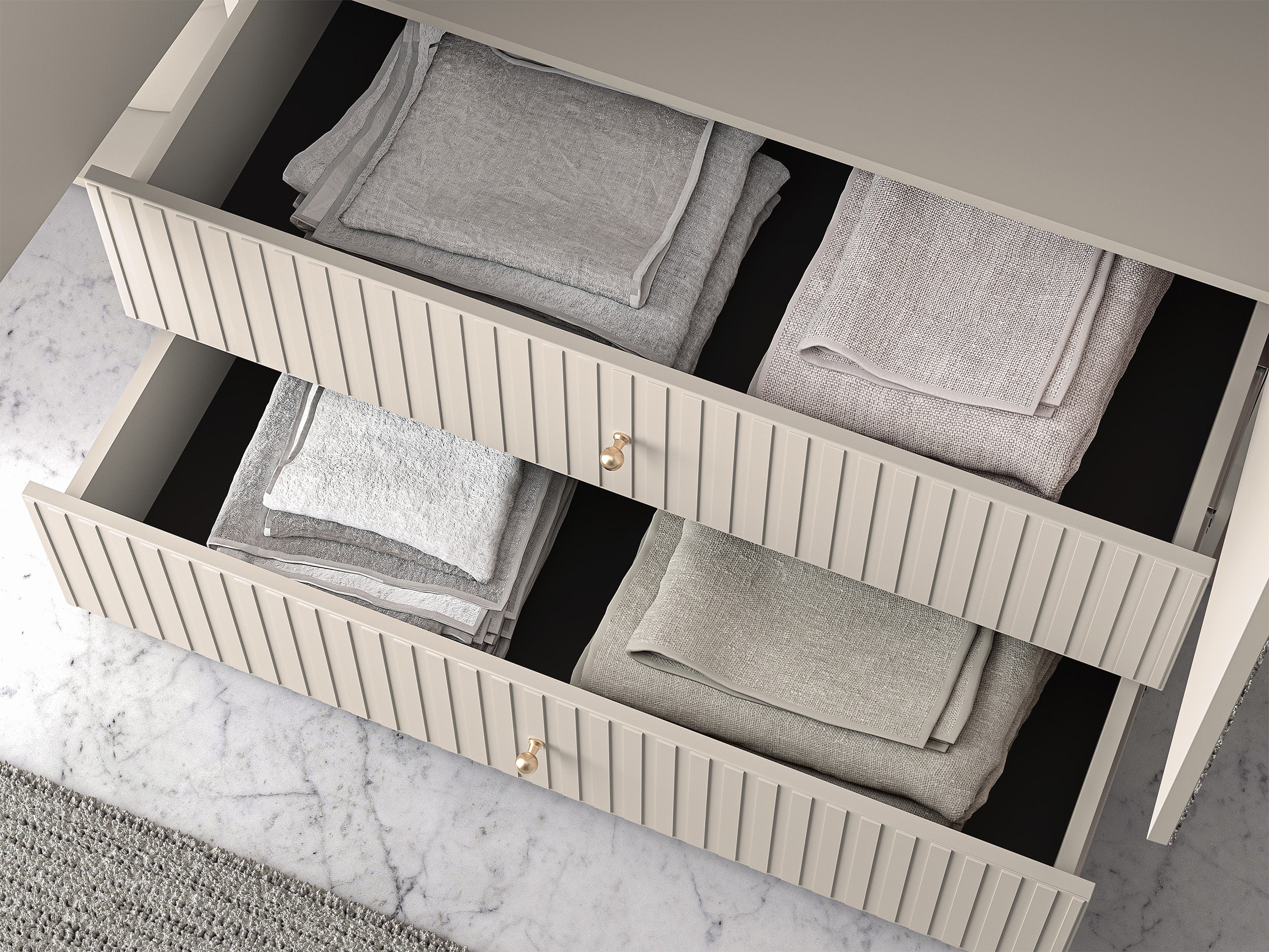 Vier­türiger Schrank Caletto 200 cm mit zwei Schubladen und Spiegel, dekorative Lamellen, beige