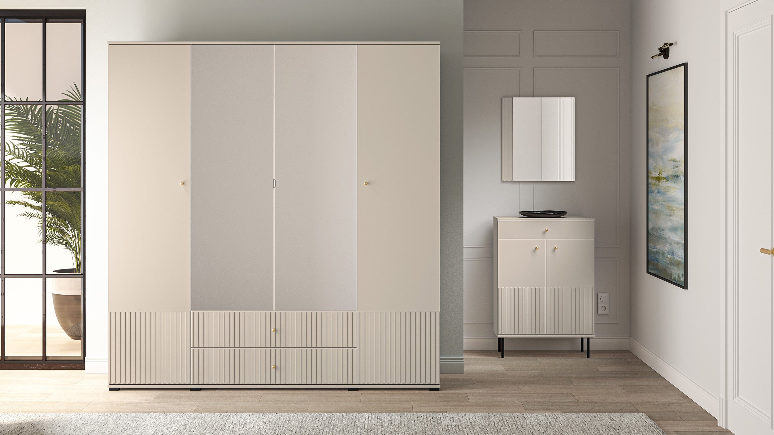 Vier­türiger Schrank Caletto 200 cm mit zwei Schubladen und Spiegel, dekorative Lamellen, beige