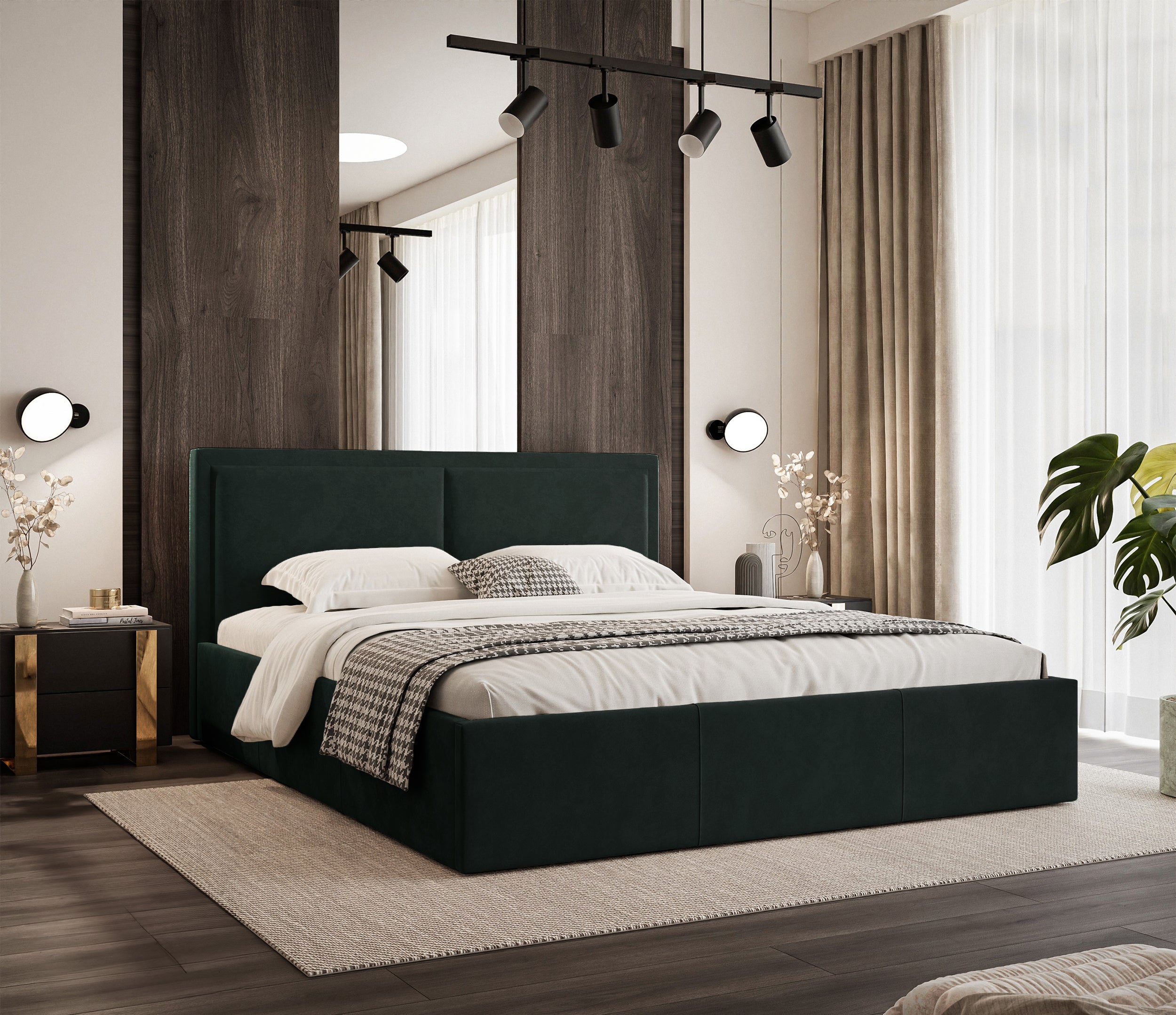 Gepolstertes Bett 160x200 cm Soave II mit Stauraum und Metallrahmen, dunkelgrüner Samt