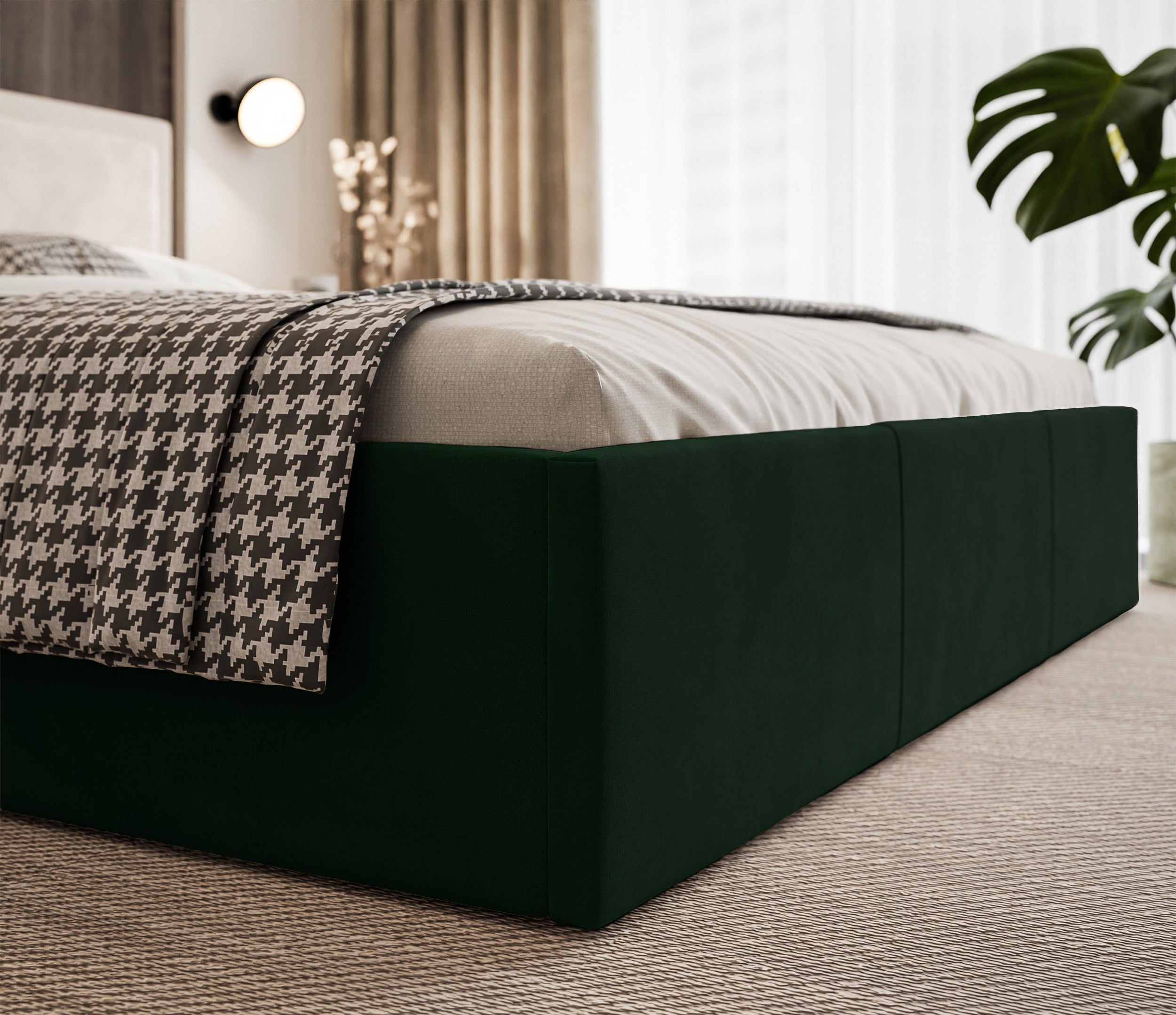 Gepolstertes Bett 160x200 cm Soave II mit Stauraum und Metallrahmen, dunkelgrüner Samt