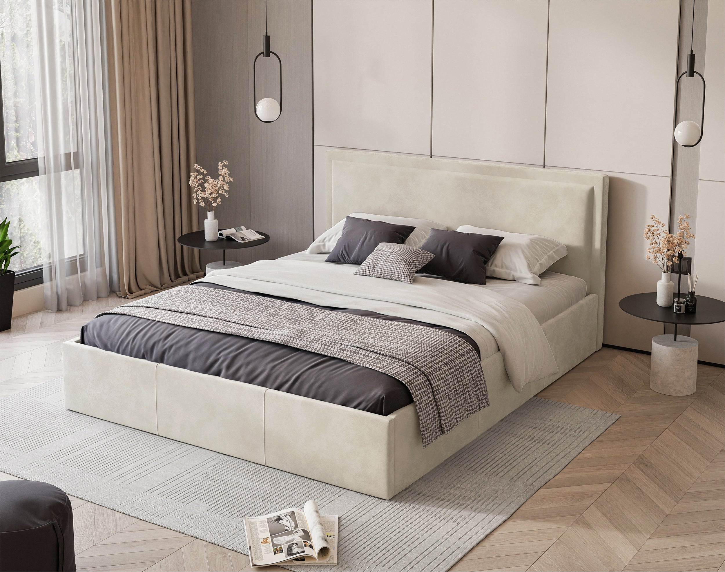 Polsterbett 140x200 cm Soave mit Stauraum und Metallrahmen, cremefarbener Samt