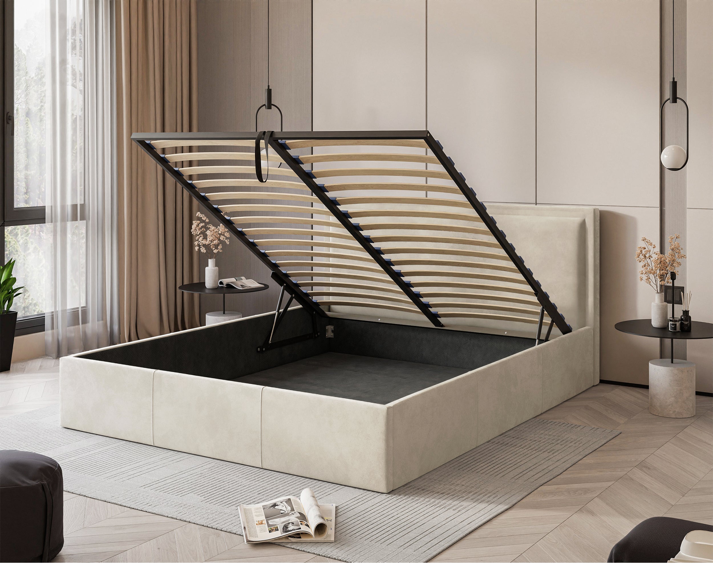 Polsterbett 140x200 cm Soave mit Stauraum und Metallrahmen, cremefarbener Samt