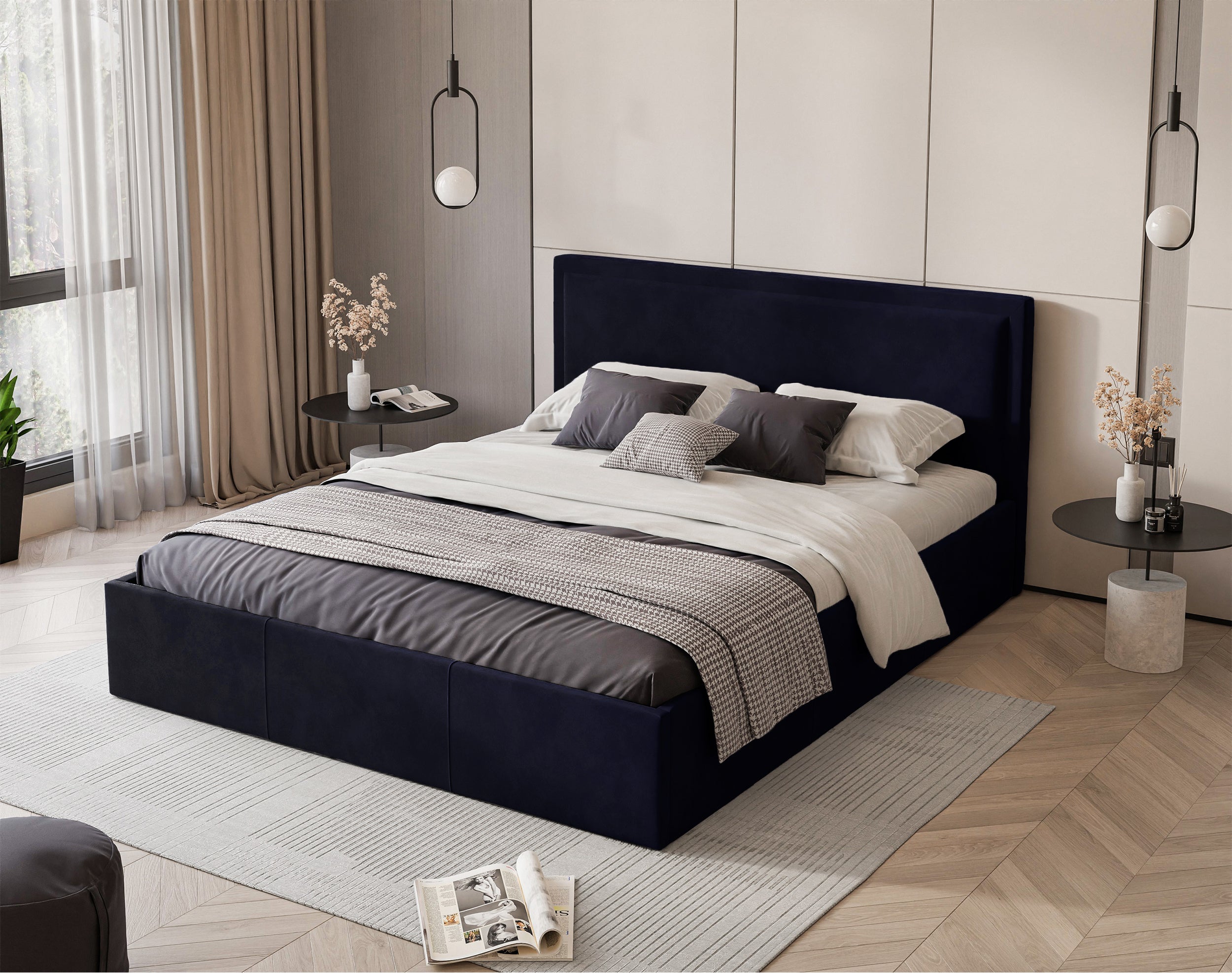 Polsterbett 180x200 cm Soave mit Stauraum und Metallrahmen, samt in Marineblau