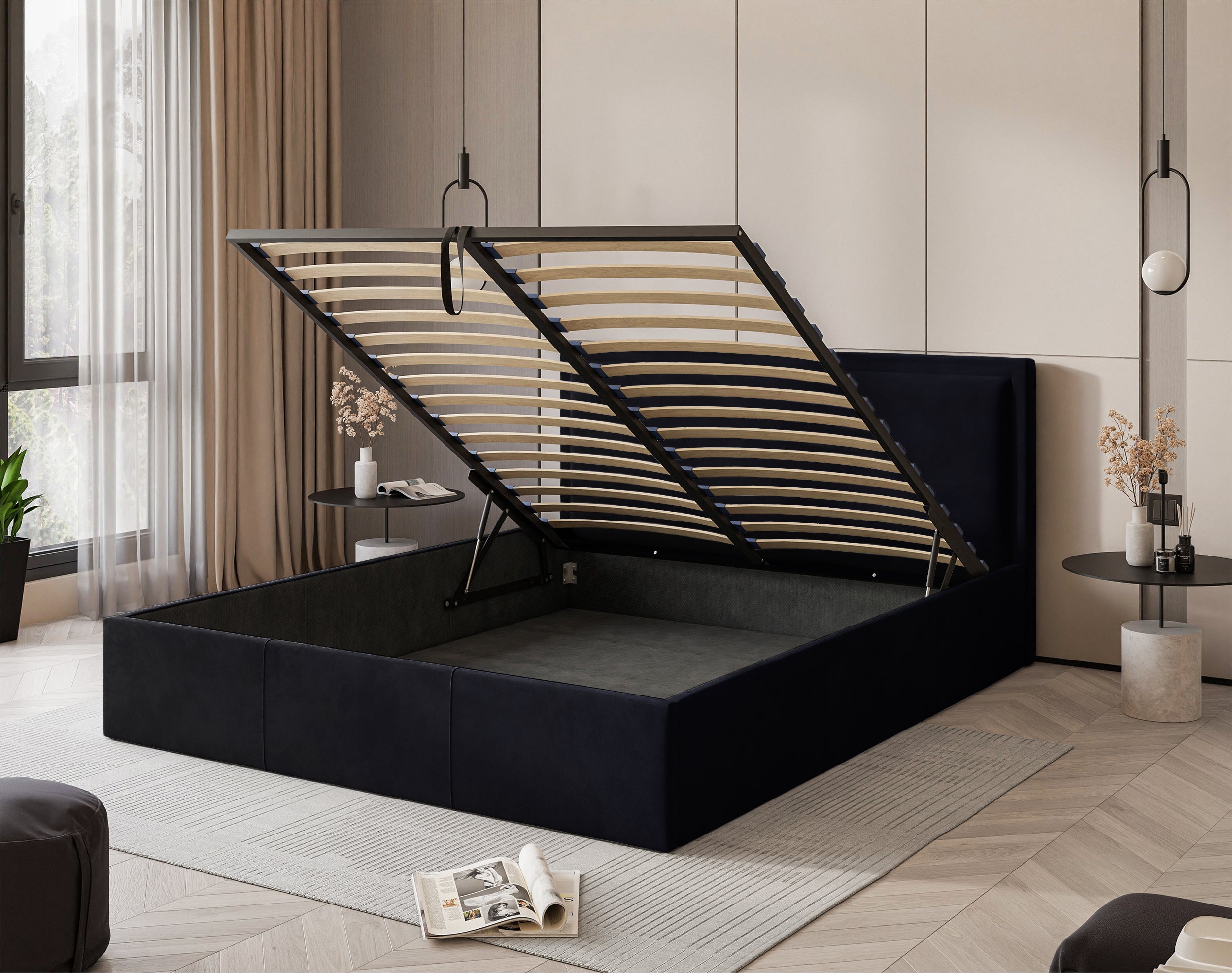 Polsterbett 180x200 cm Soave II mit Stauraum und Metallrahmen, dunkelblauer Samt