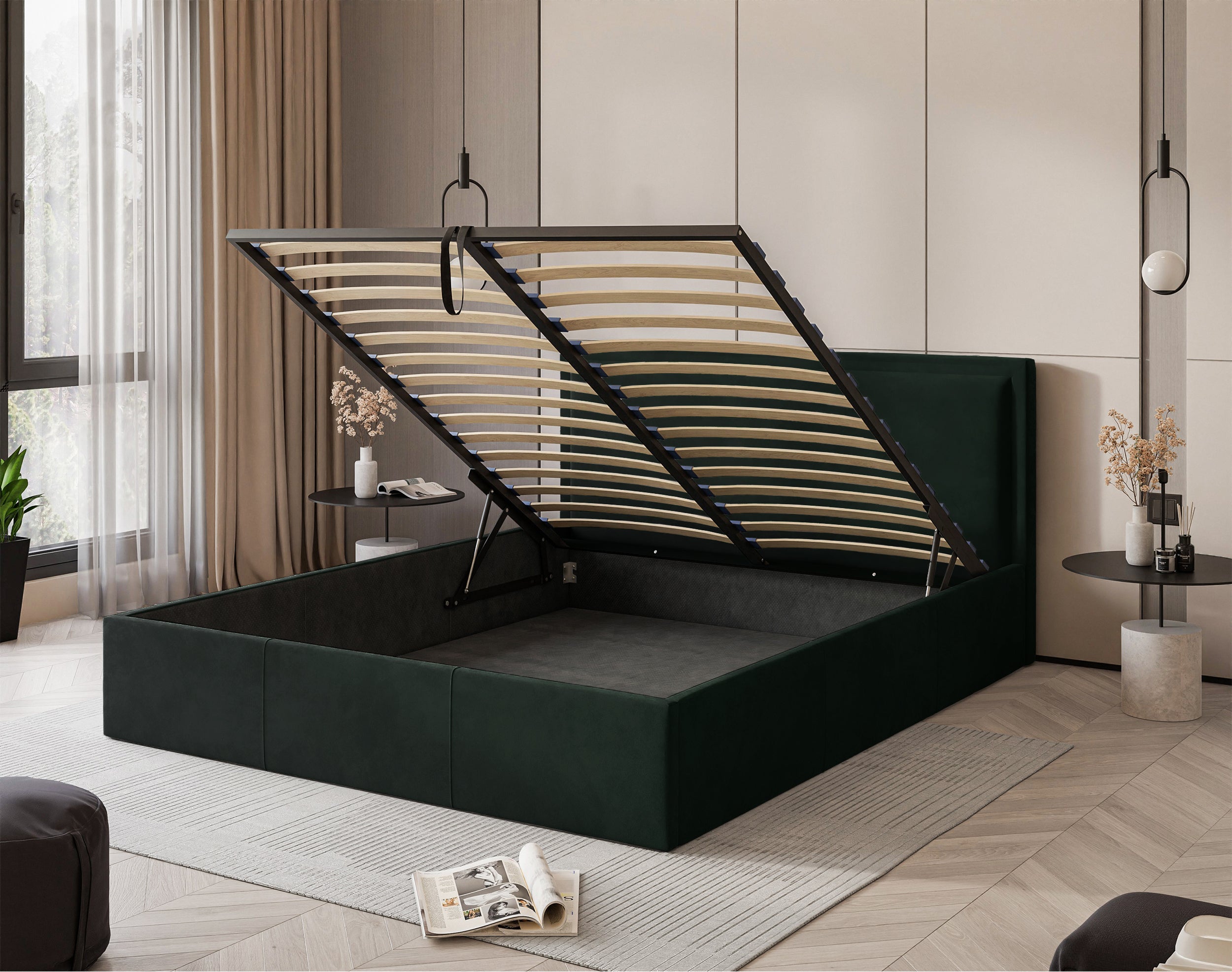 Gepolstertes Bett 160x200 cm Soave II mit Stauraum und Metallrahmen, dunkelgrüner Samt