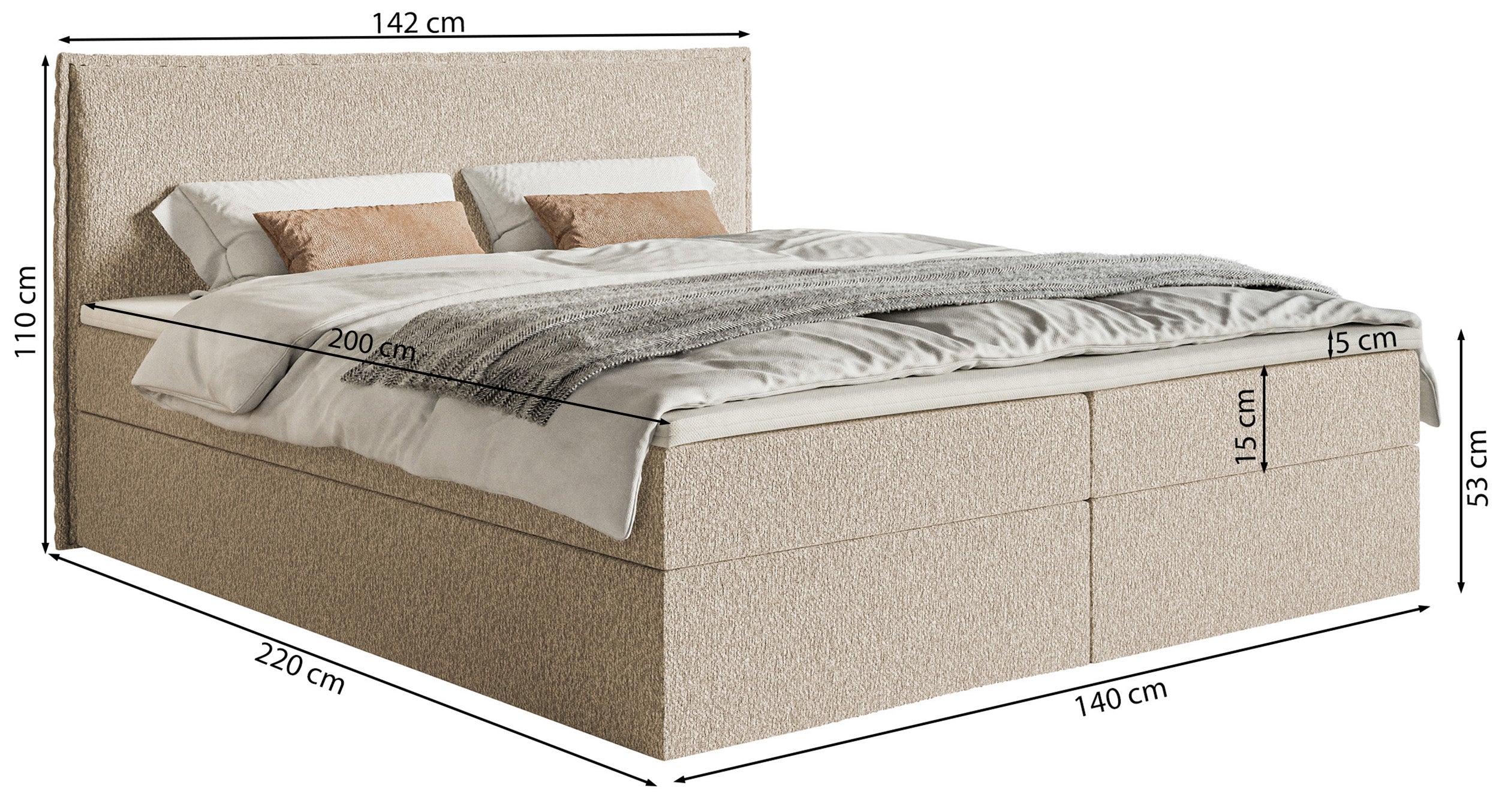 Kontinentalbett 140x200 cm Softie mit Stauraum und Topper, hellblauer Chenille