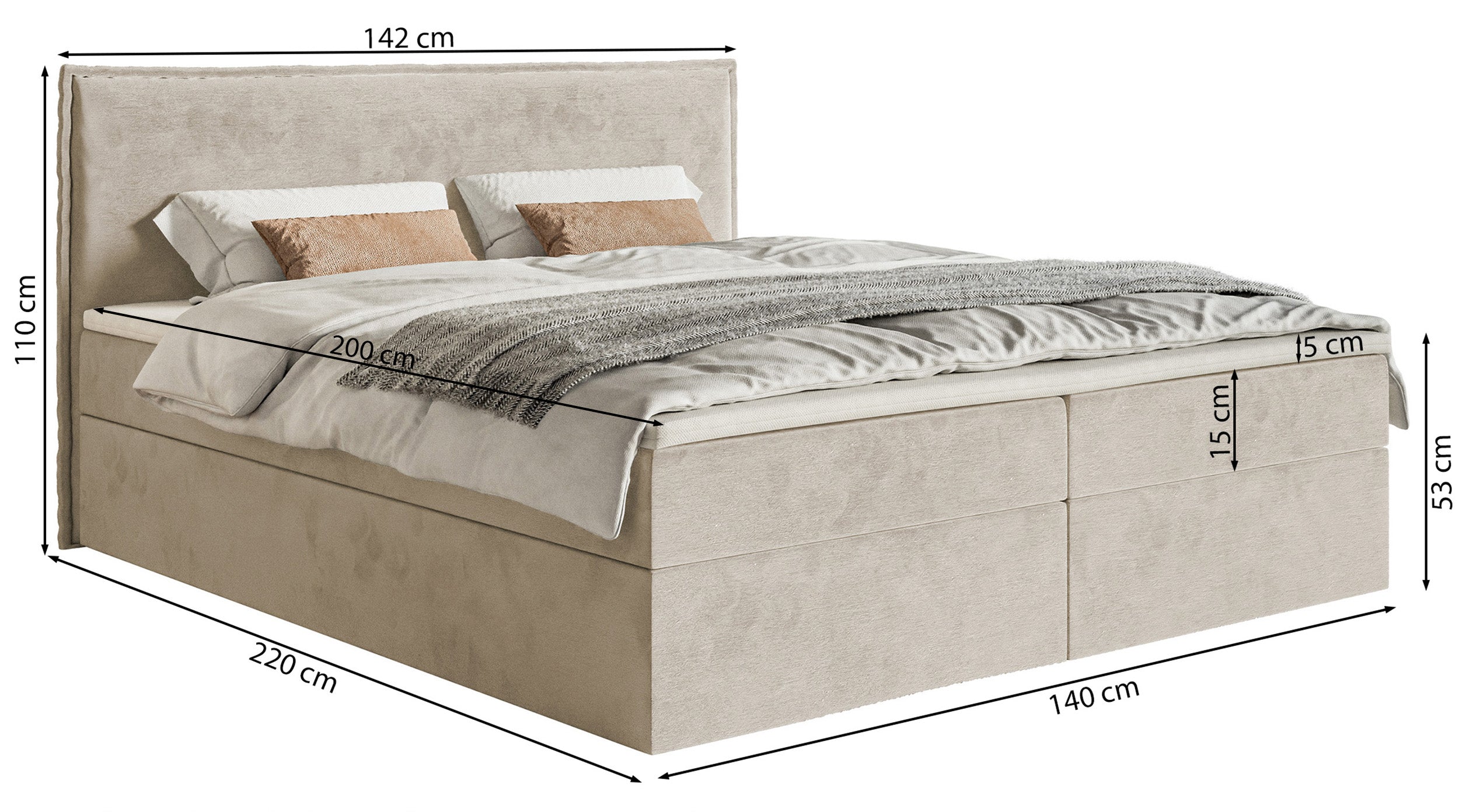 Kontinentalbett 140x200 cm Softie mit Stauraum und Topper, grau-beiges Velours, wasserabweisend