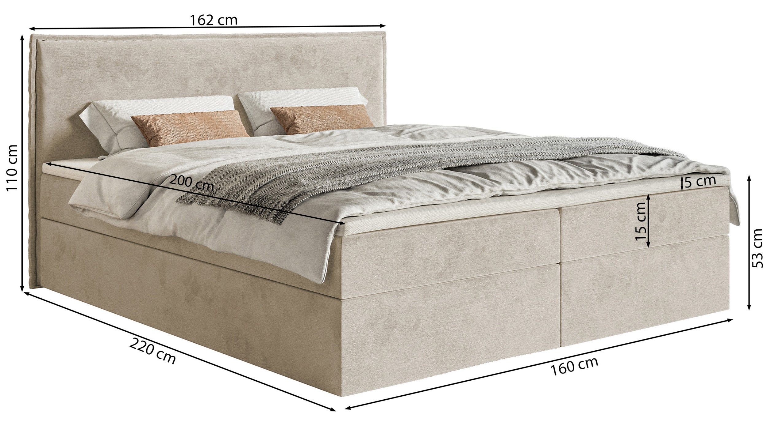 Kontinentalbett 160x200 cm Softie mit Stauraum und Topper, beige Velours, wasserabweisend