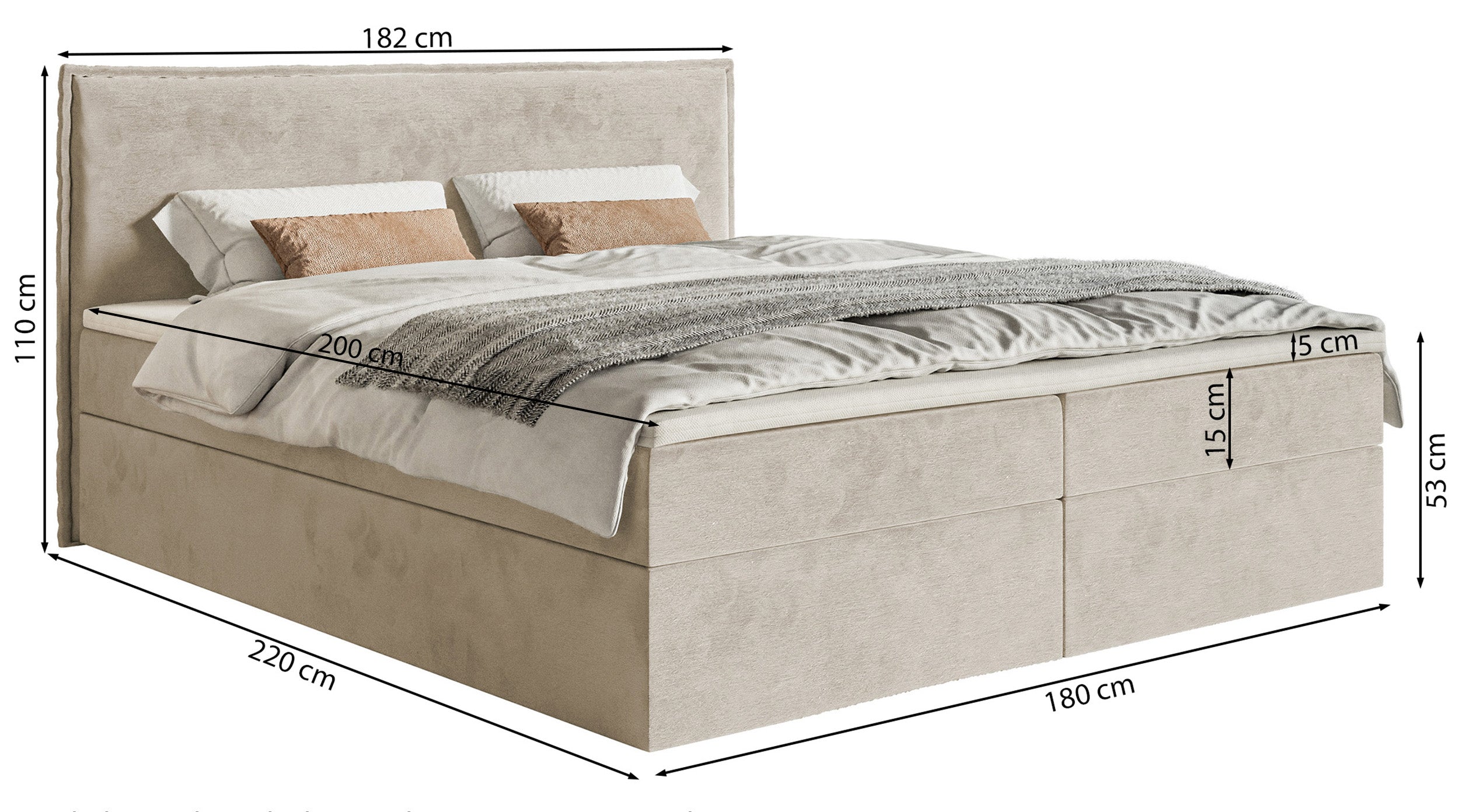 Kontinentalbett 180x200 cm Softie mit Stauraum und Topper, hellgrauer Velours, hydrophob