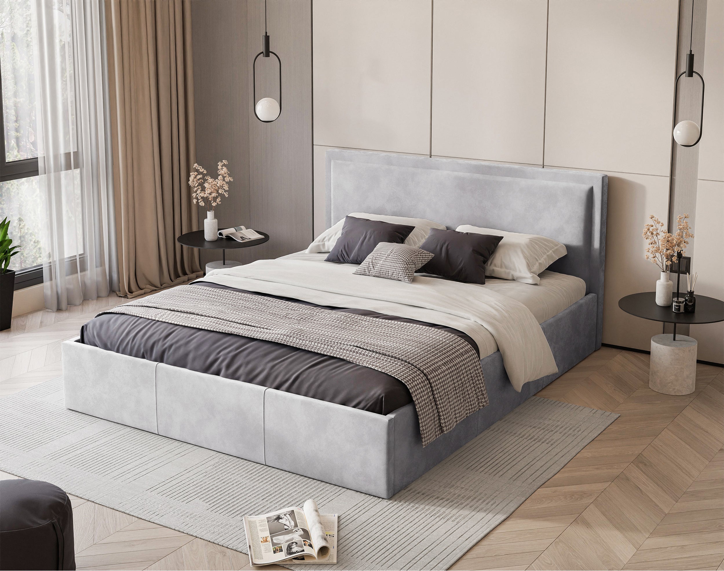 Gepolstertes Bett 160x200 cm Soave mit Stauraum und Metallrahmen, hellgrauer Samt