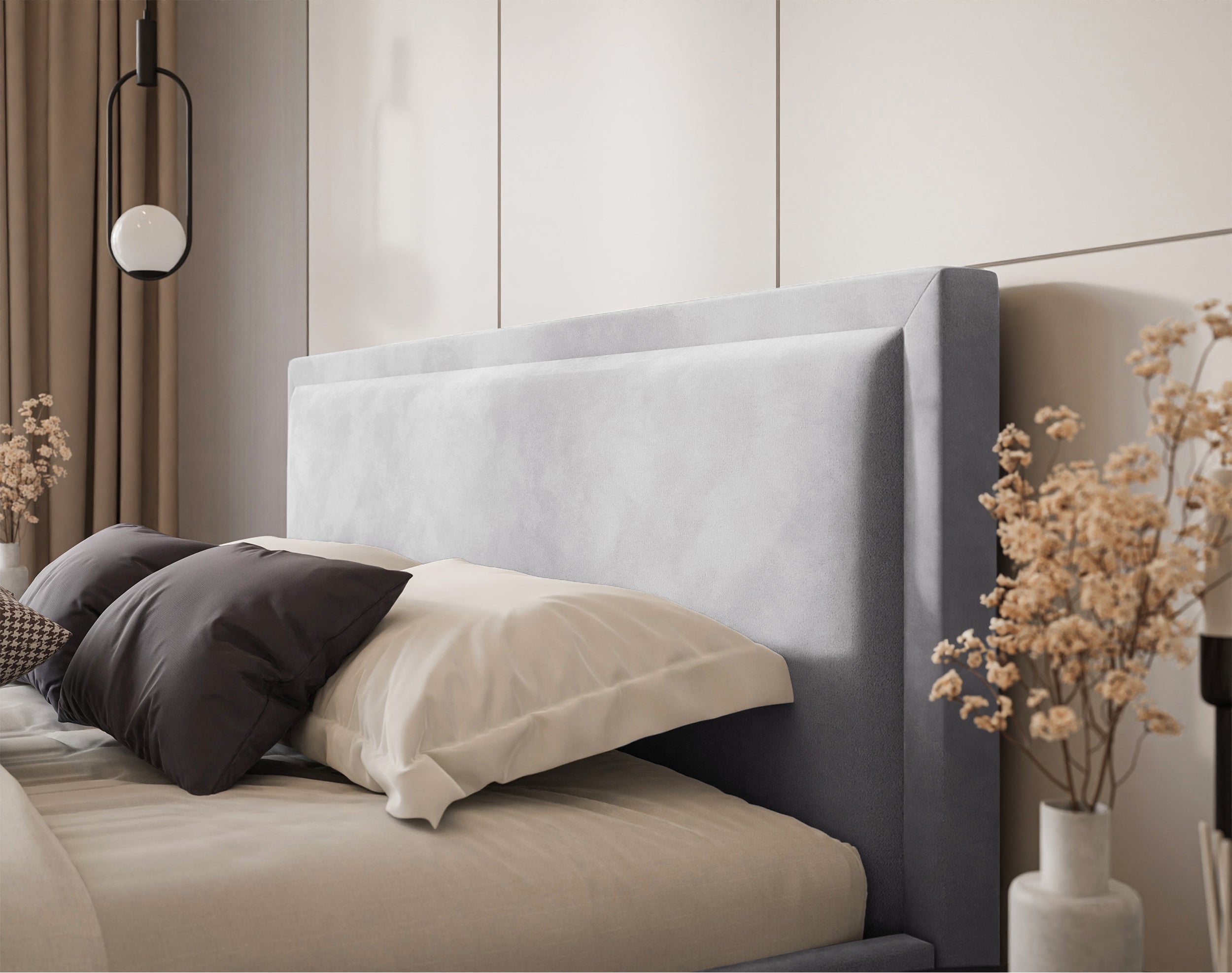 Gepolstertes Bett 160x200 cm Soave mit Stauraum und Metallrahmen, hellgrauer Samt