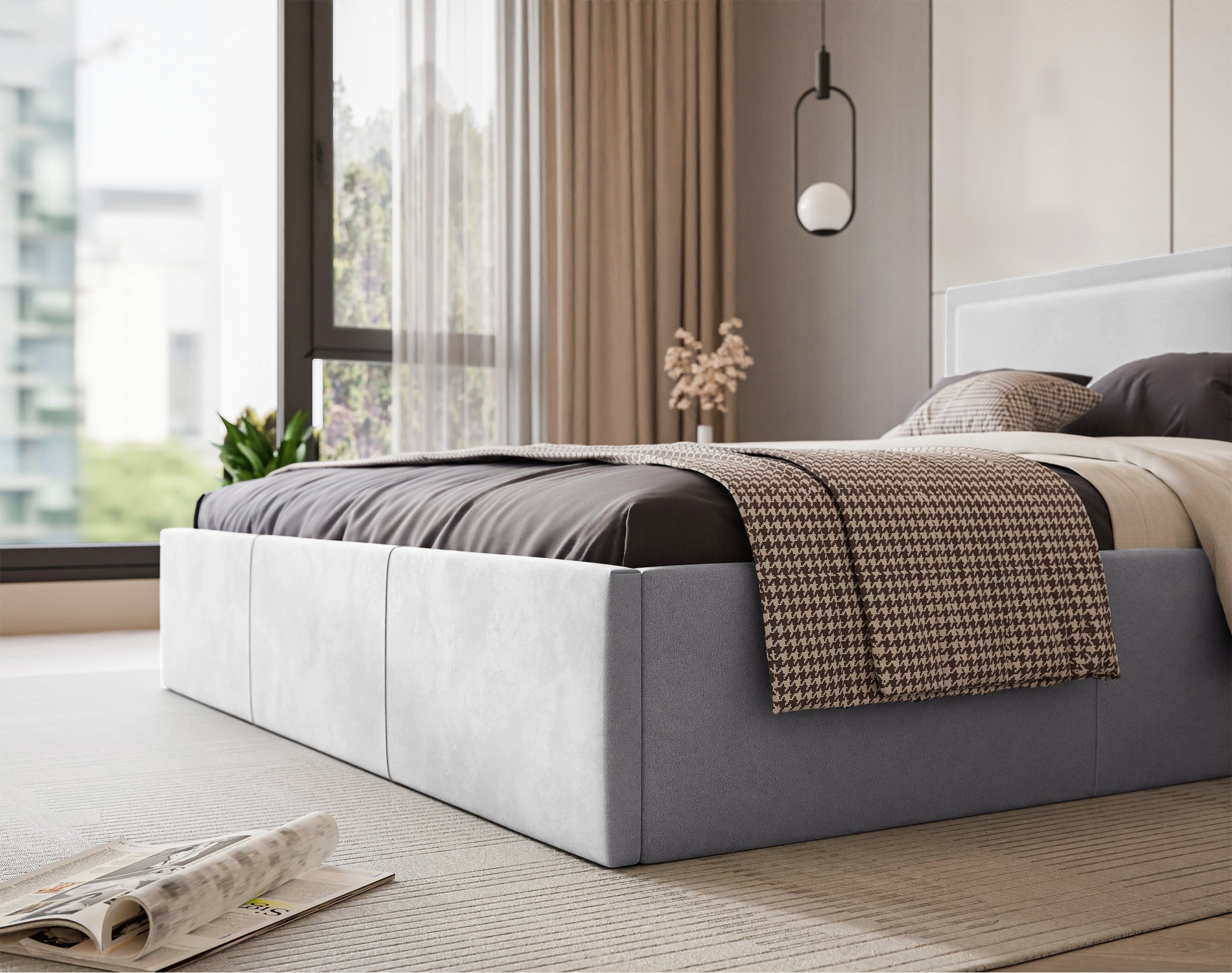 Gepolstertes Bett 160x200 cm Soave mit Stauraum und Metallrahmen, hellgrauer Samt