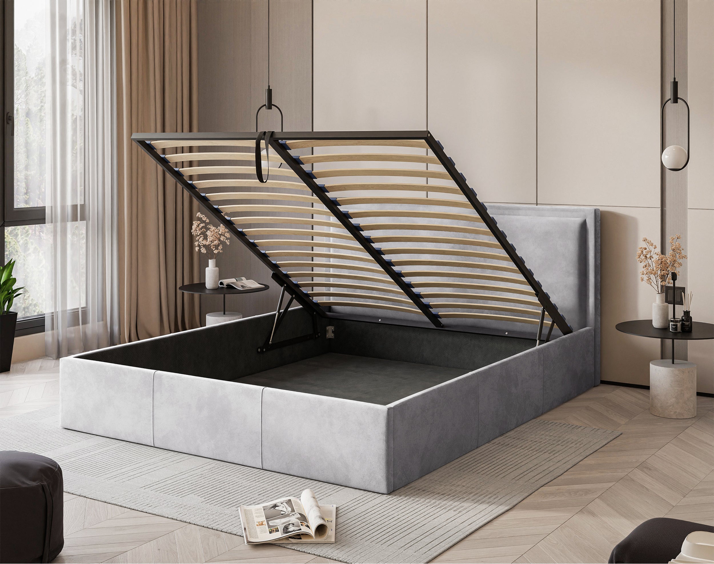 Gepolstertes Bett 160x200 cm Soave mit Stauraum und Metallrahmen, hellgrauer Samt