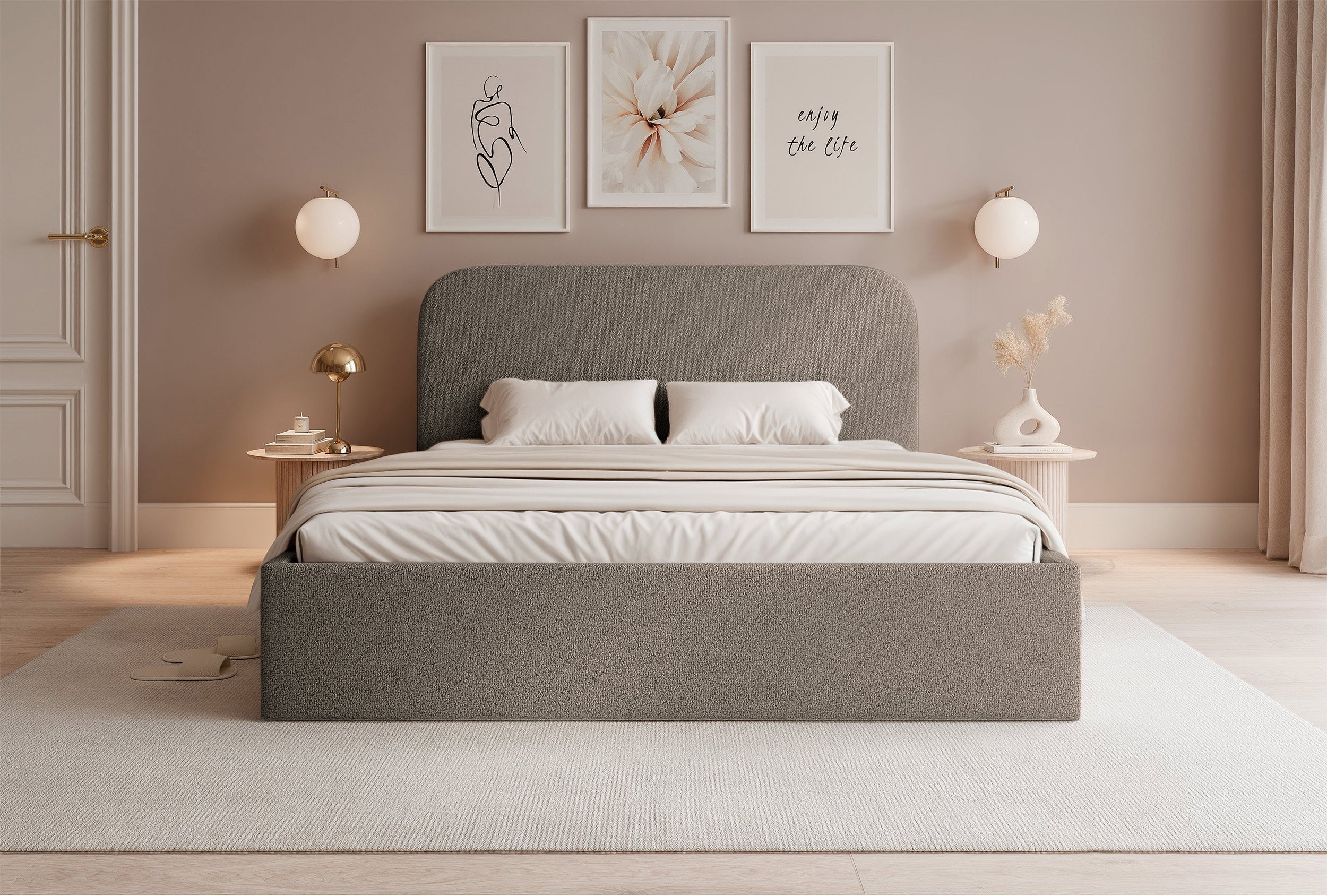 Polsterbett 180x200 cm Sonvivo mit Bettkasten, hellbrauner Chenille-Stoff, Metallrahmen