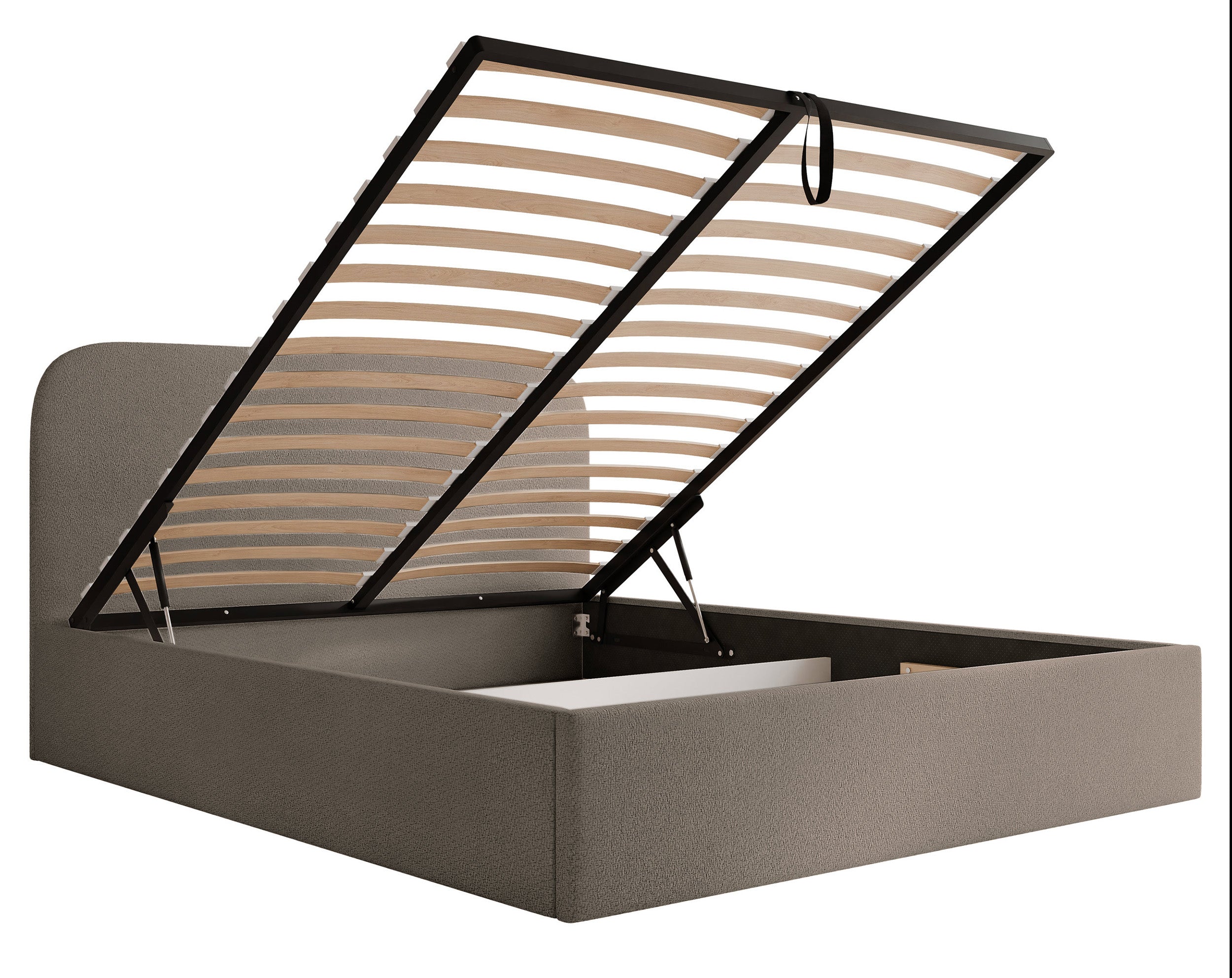 Polsterbett 160x200 cm Sonvivo mit Bettkasten, hellbrauner Chenille-Bezug, Metallrahmen