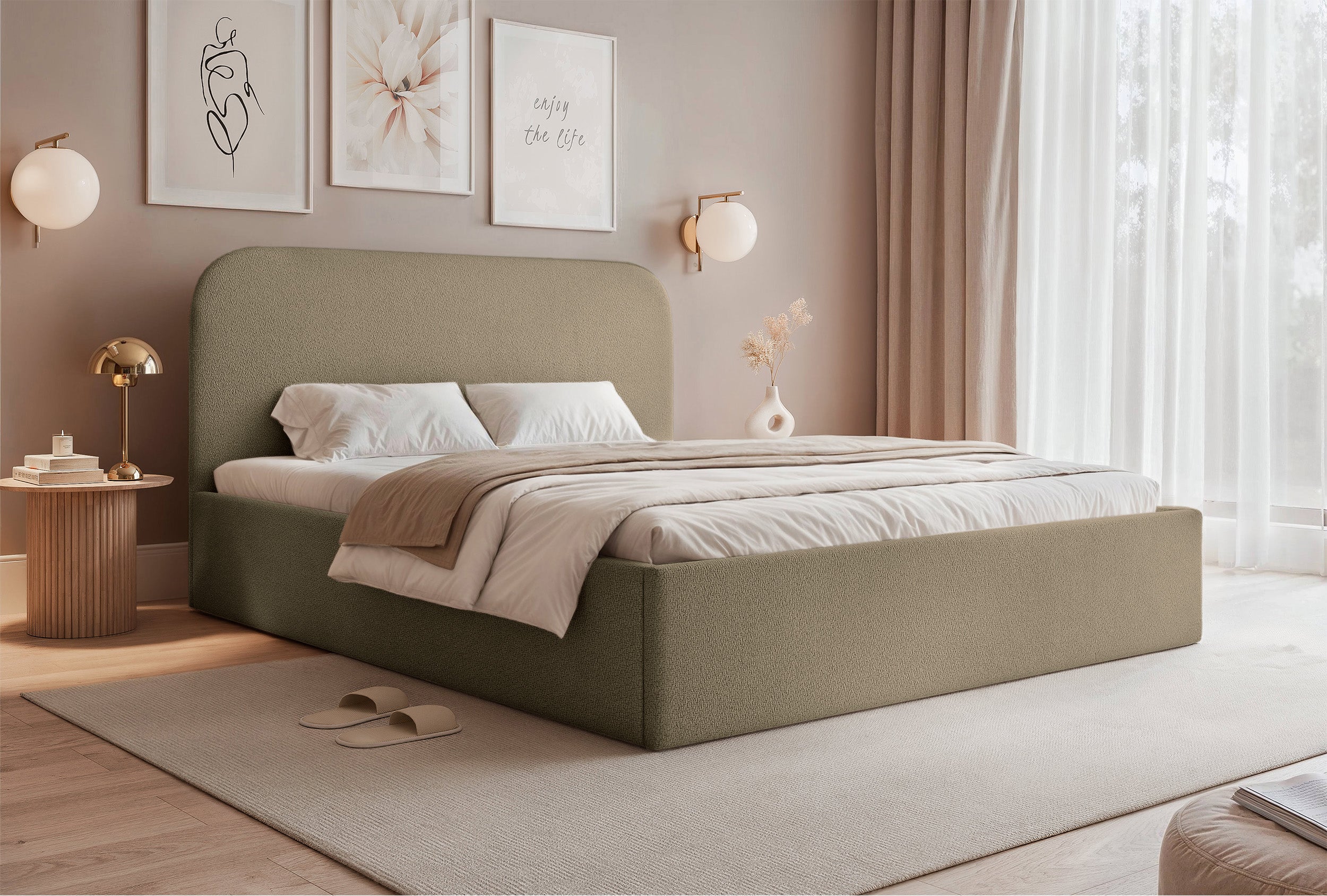 Polsterbett 160x200 cm Sonvivo mit Bettkasten, dunkelbeiger Chenille-Stoff, Metallrahmen