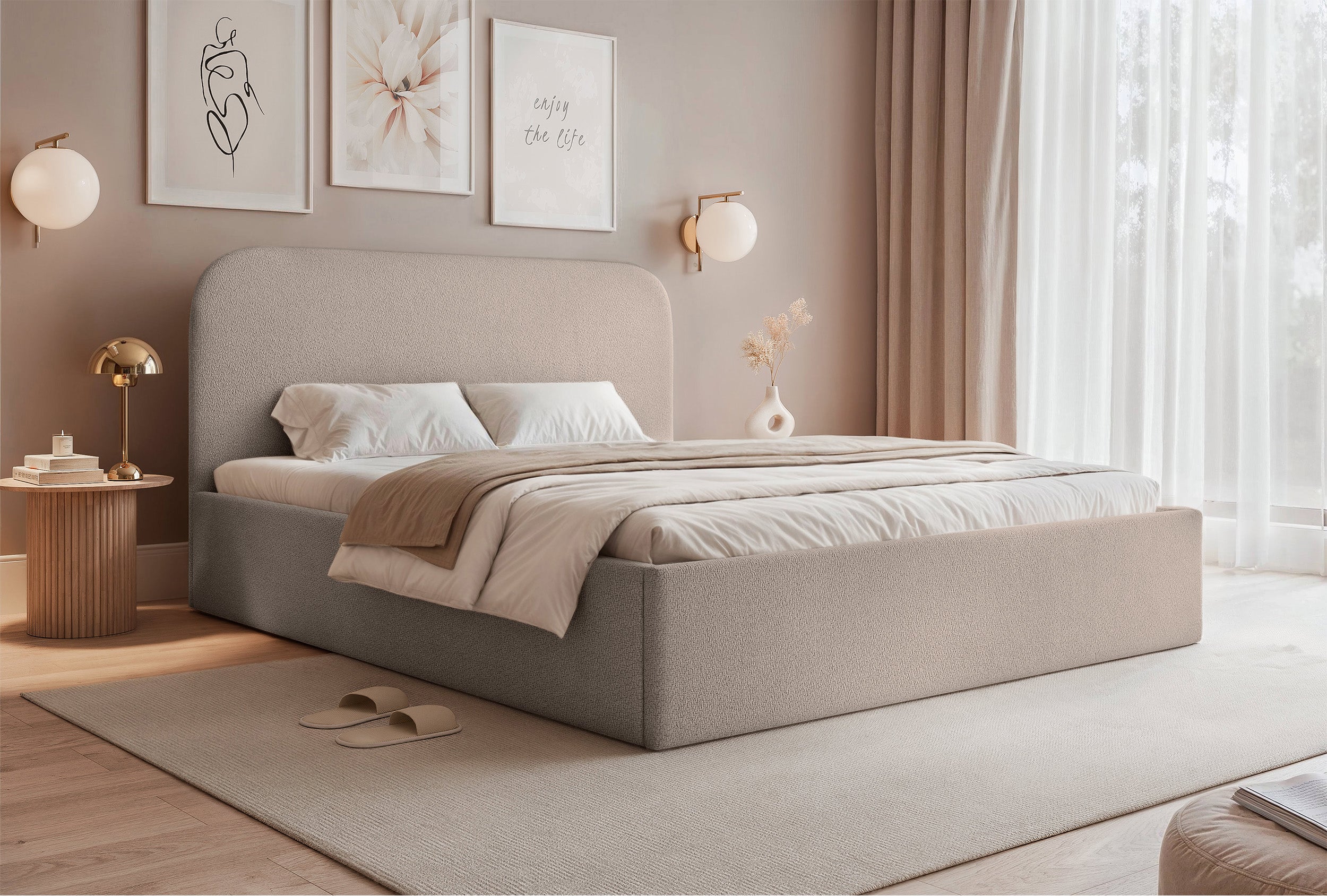 Polsterbett 160x200 cm Sonvivo mit Bettkasten, beige Chenille, Metallrahmen
