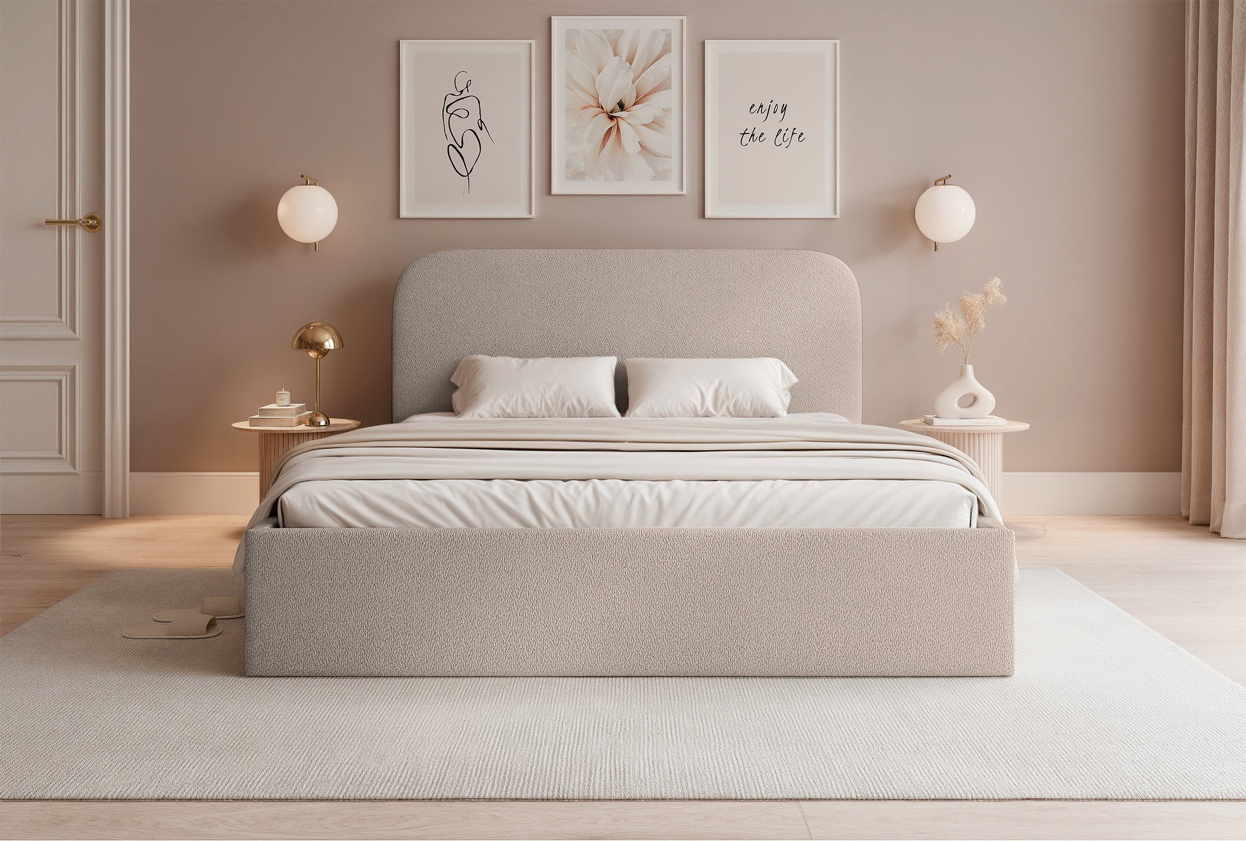 Polsterbett 180x200 cm Sonvivo mit Bettkasten, beige Chenille, Metallrahmen