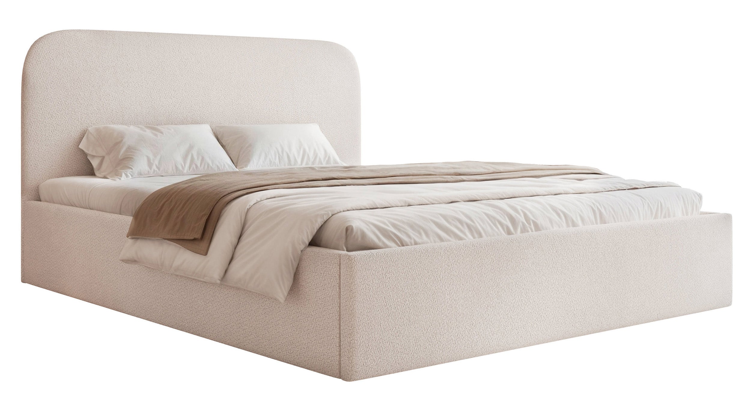 Polsterbett 160x200 cm Sonvivo mit Bettkasten, hellbeiger Chenille-Stoff, Metallrahmen