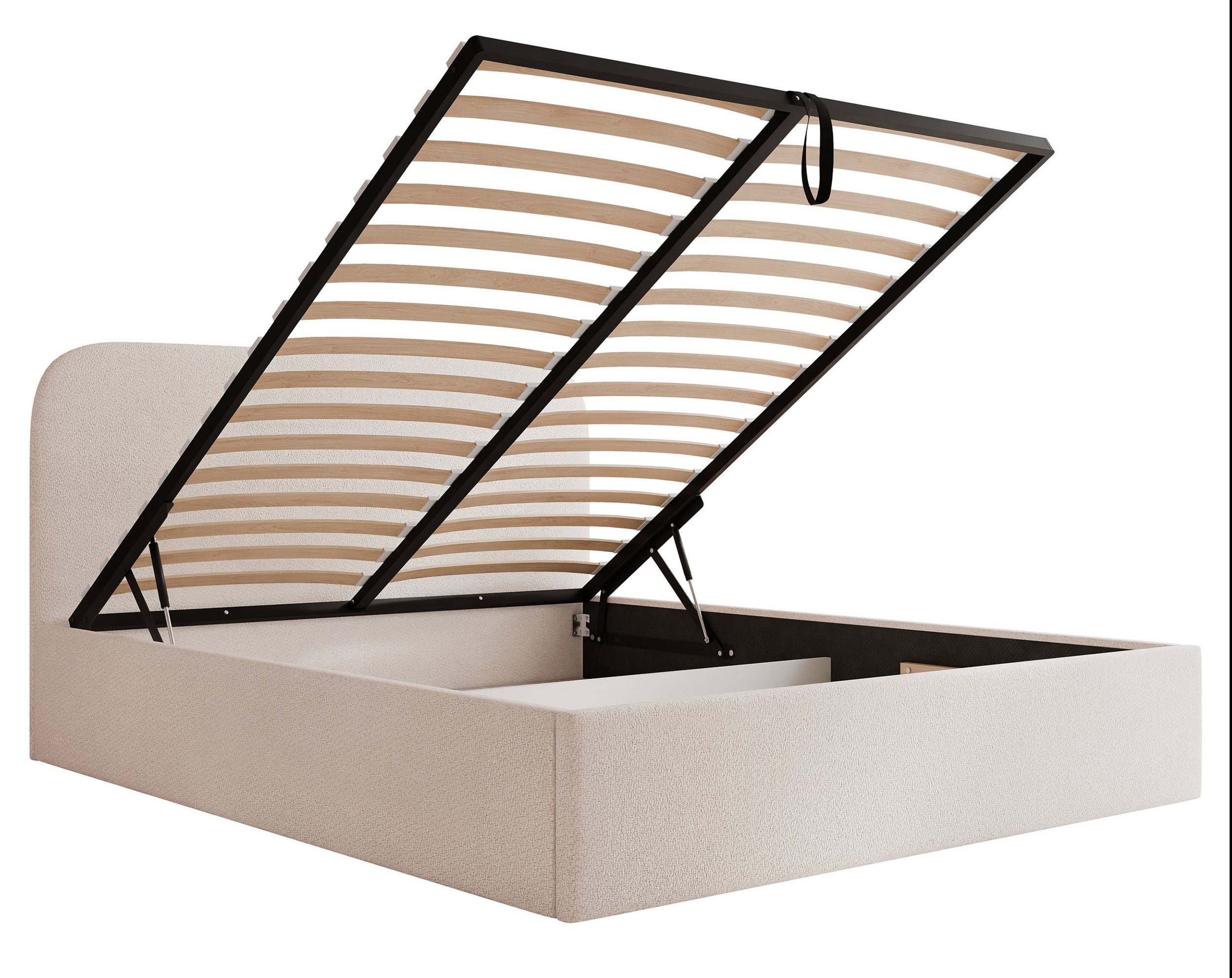 Polsterbett 180x200 cm Sonvivo mit Bettkasten, hellbeiger Chenille-Stoff, Metallrahmen